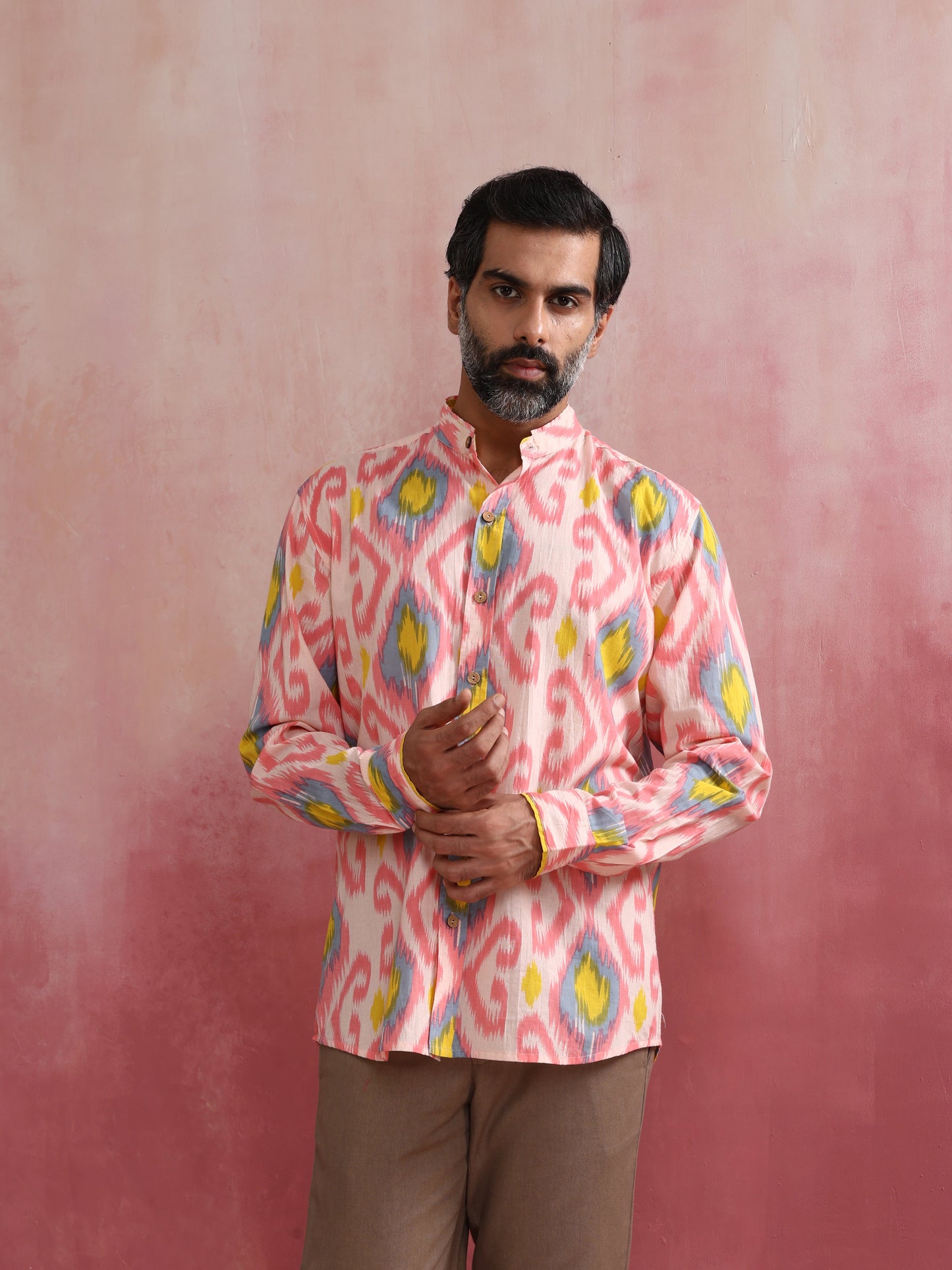 trueBrowns Men's Lime Ikat Print Cotton Shirt | Swadesiicart