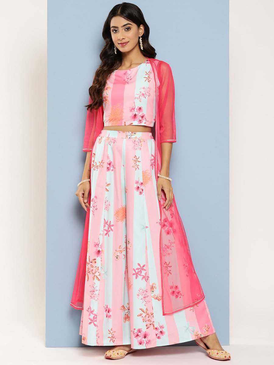 Ahalyaa Women Floral Printed Top with Palazzos & Shrug | Swadesiicart
