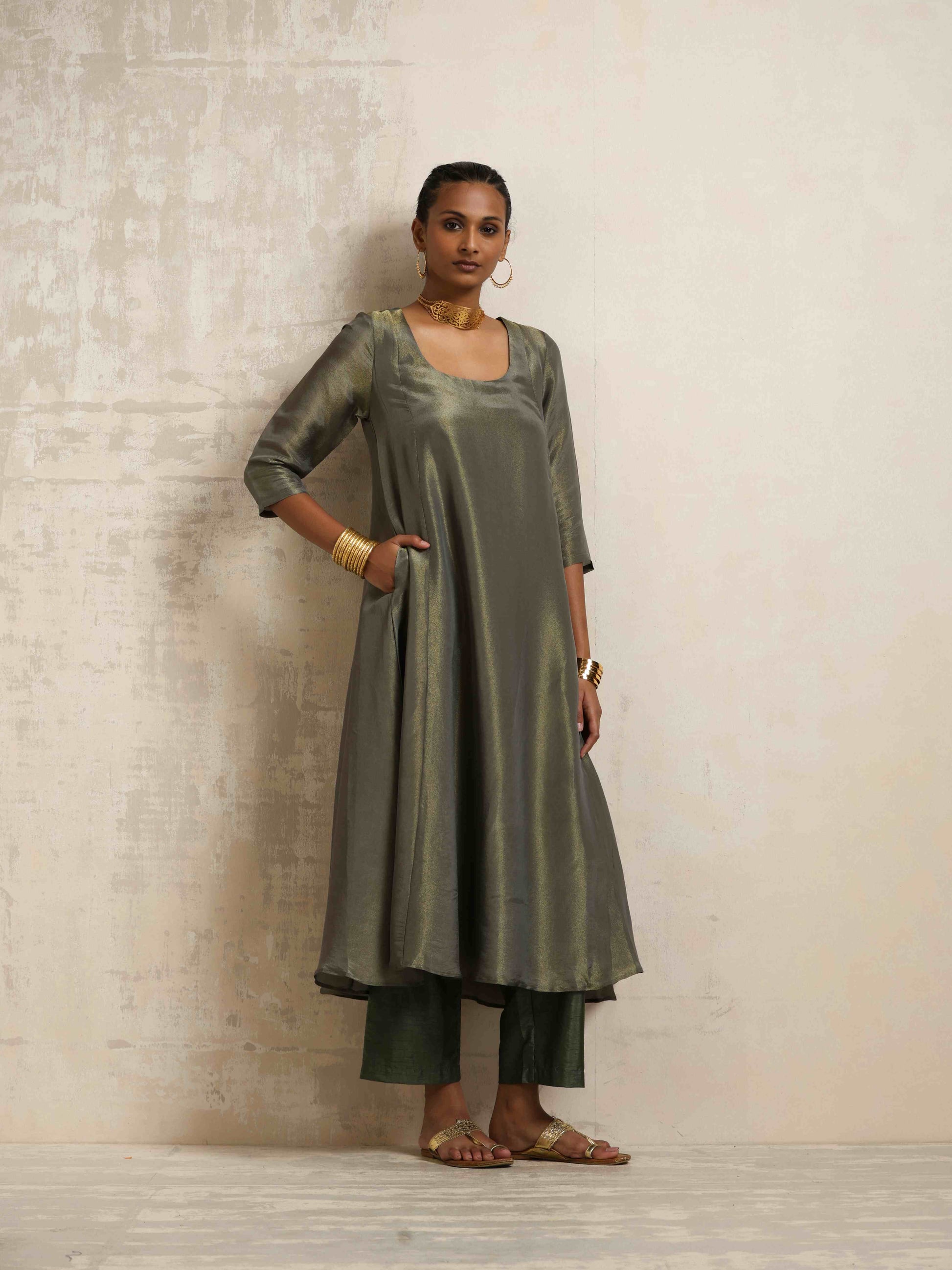 trueBrowns Green Tissue Anarkali Kurta Dupatta Set | Swadesiicart