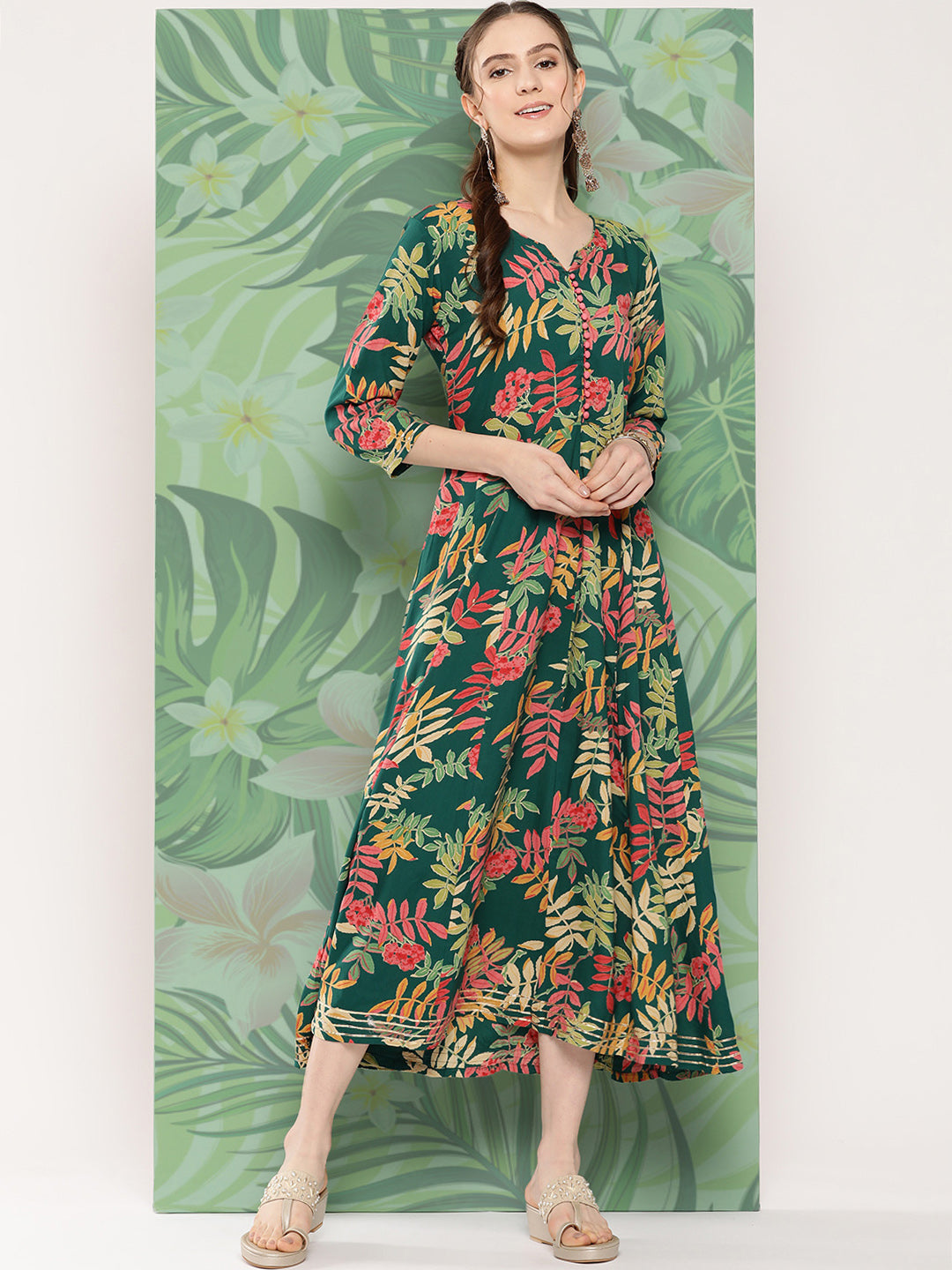 InWeave Women's Green Tropical Print Gota Long Dress - Swadesiicart