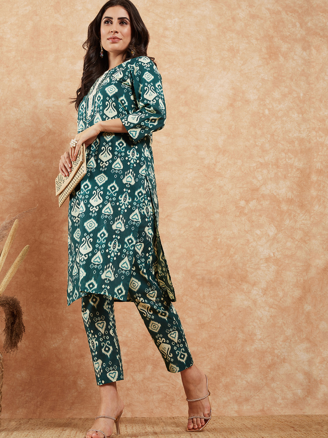 InWeave Women's Peacock Blue Ikkat Print Gota Work Straight Kurta Pant Set - Swadesiicart