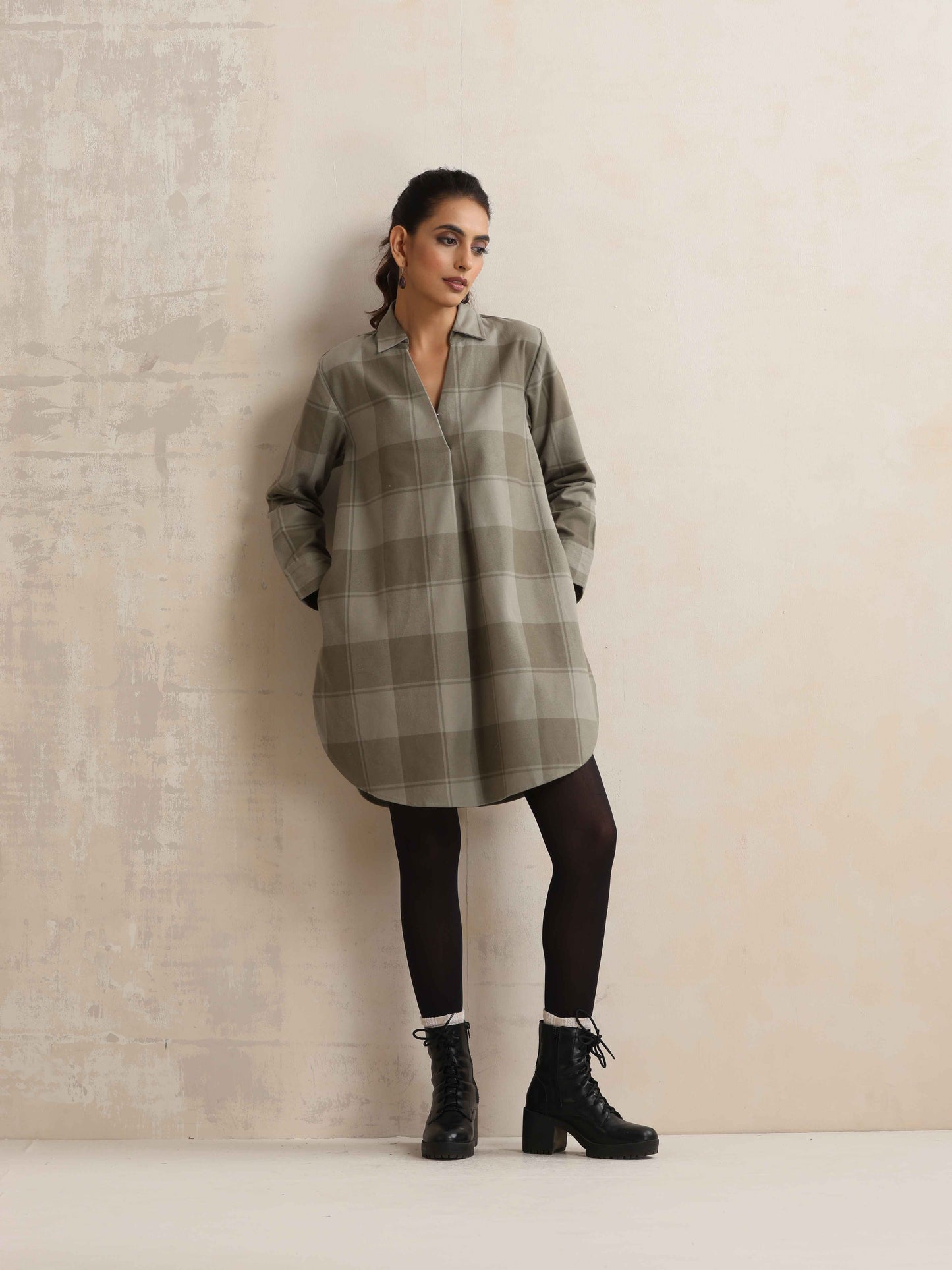 trueBrowns Green Check Pleated Winter Top | Swadesiicart