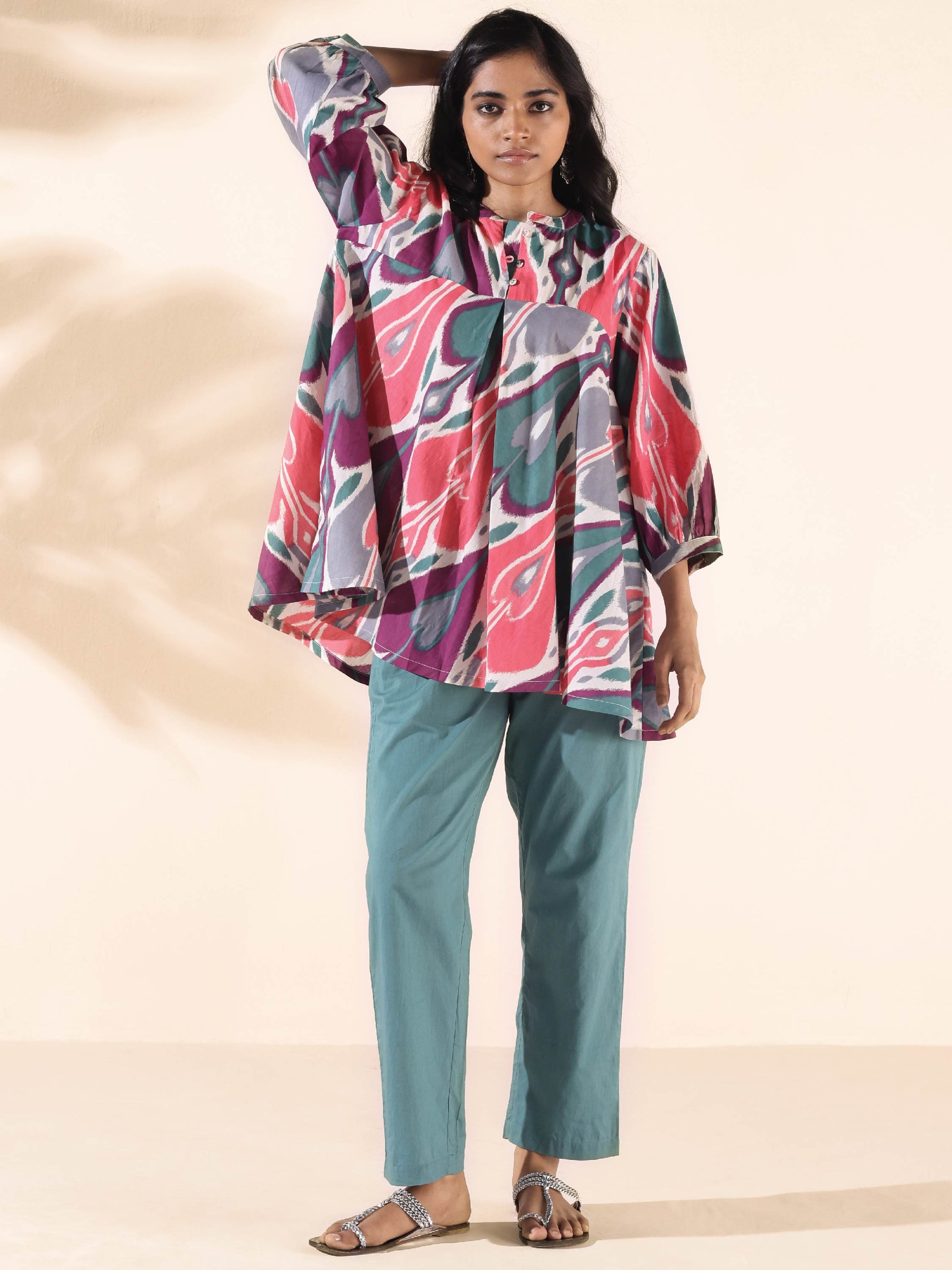trueBrowns Green Cotton Ikat Flared Co-ord Set - Swadesiicart