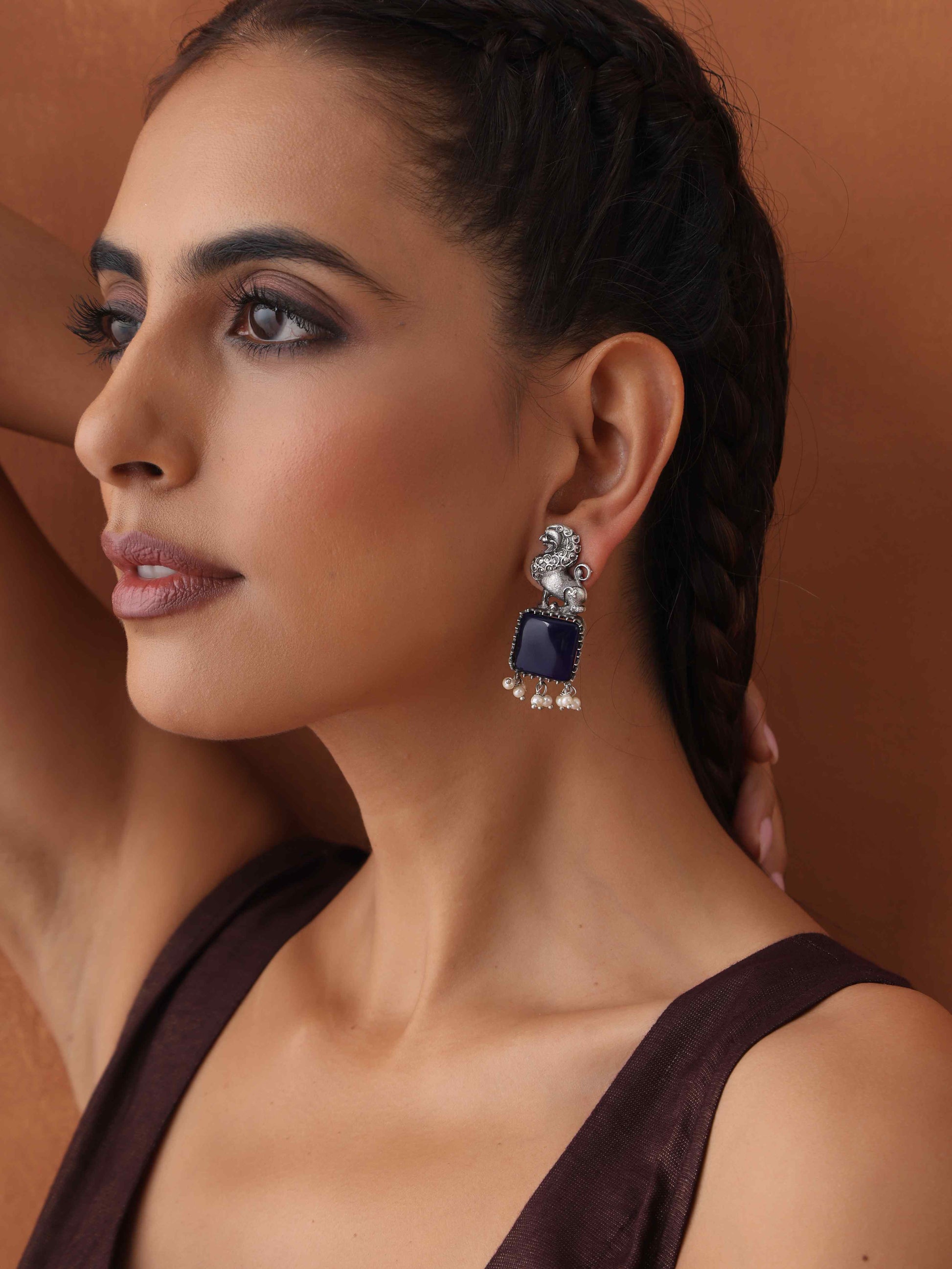trueBrowns Silver Tone Turquise Stone Earrings - Swadesiicart
