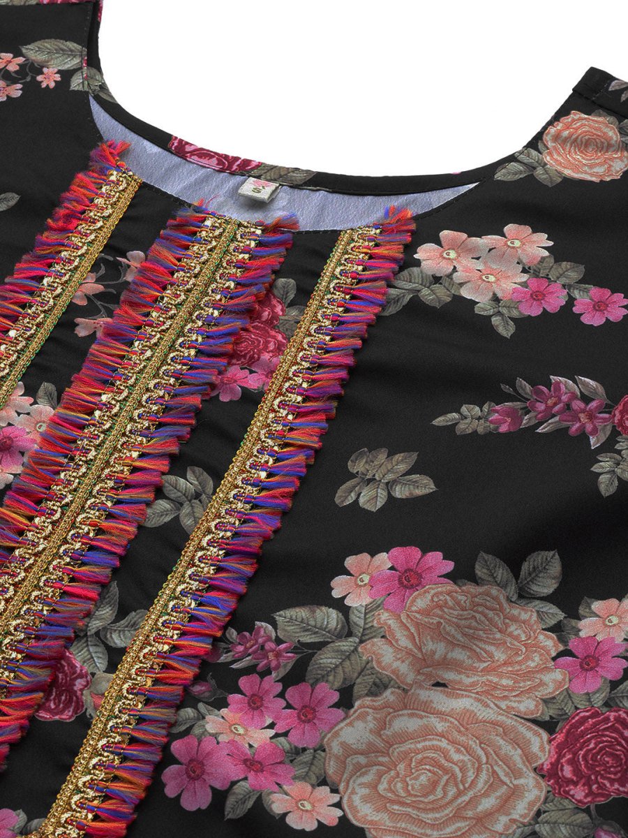 Ahalyaa Women Black Floral Printed Gotta Patti Kurta with Palazzos & With Dupatta | Swadesiicart