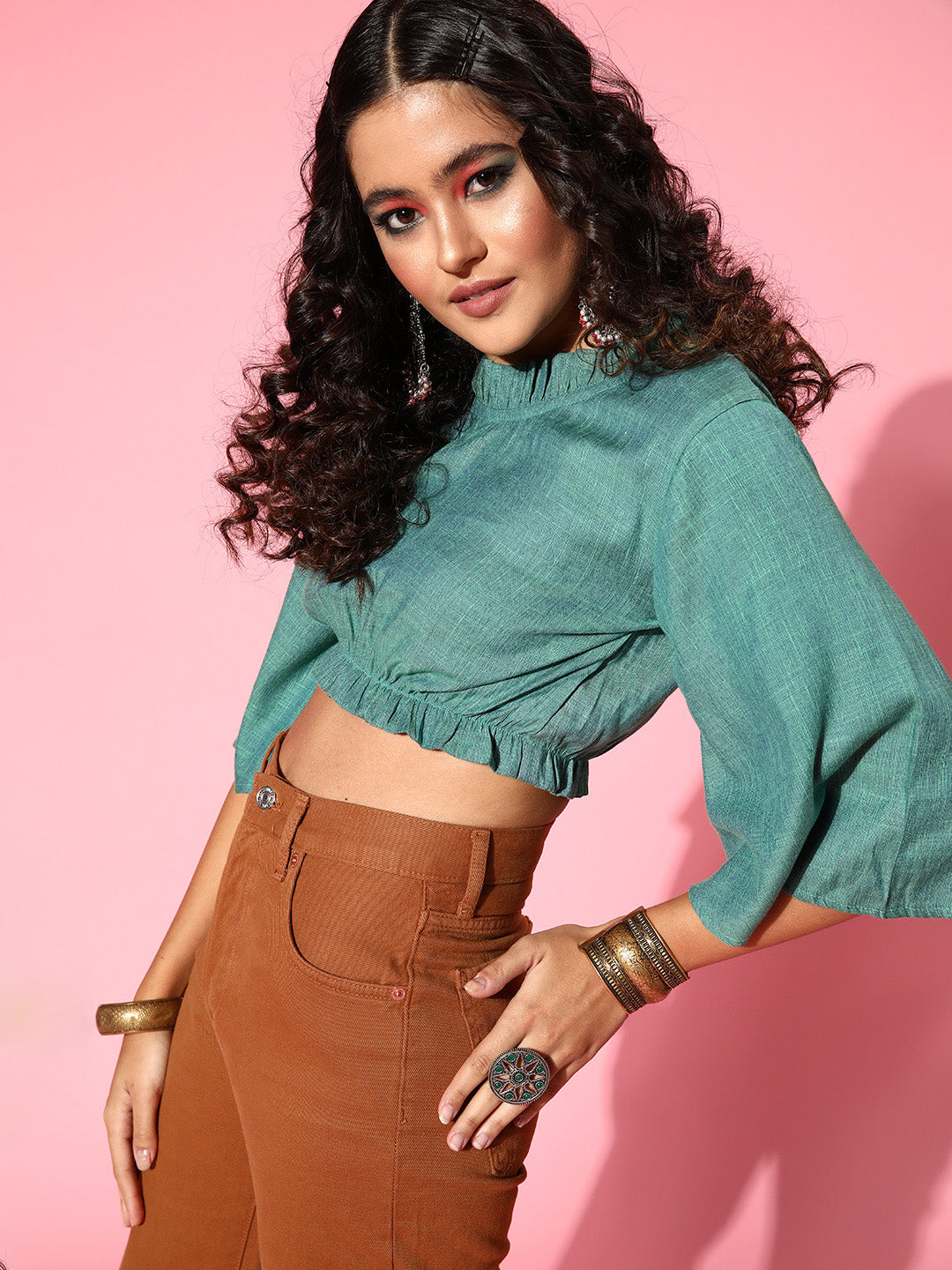 InWeave Women's Teal Blue High Neck Crop Top - Swadesiicart