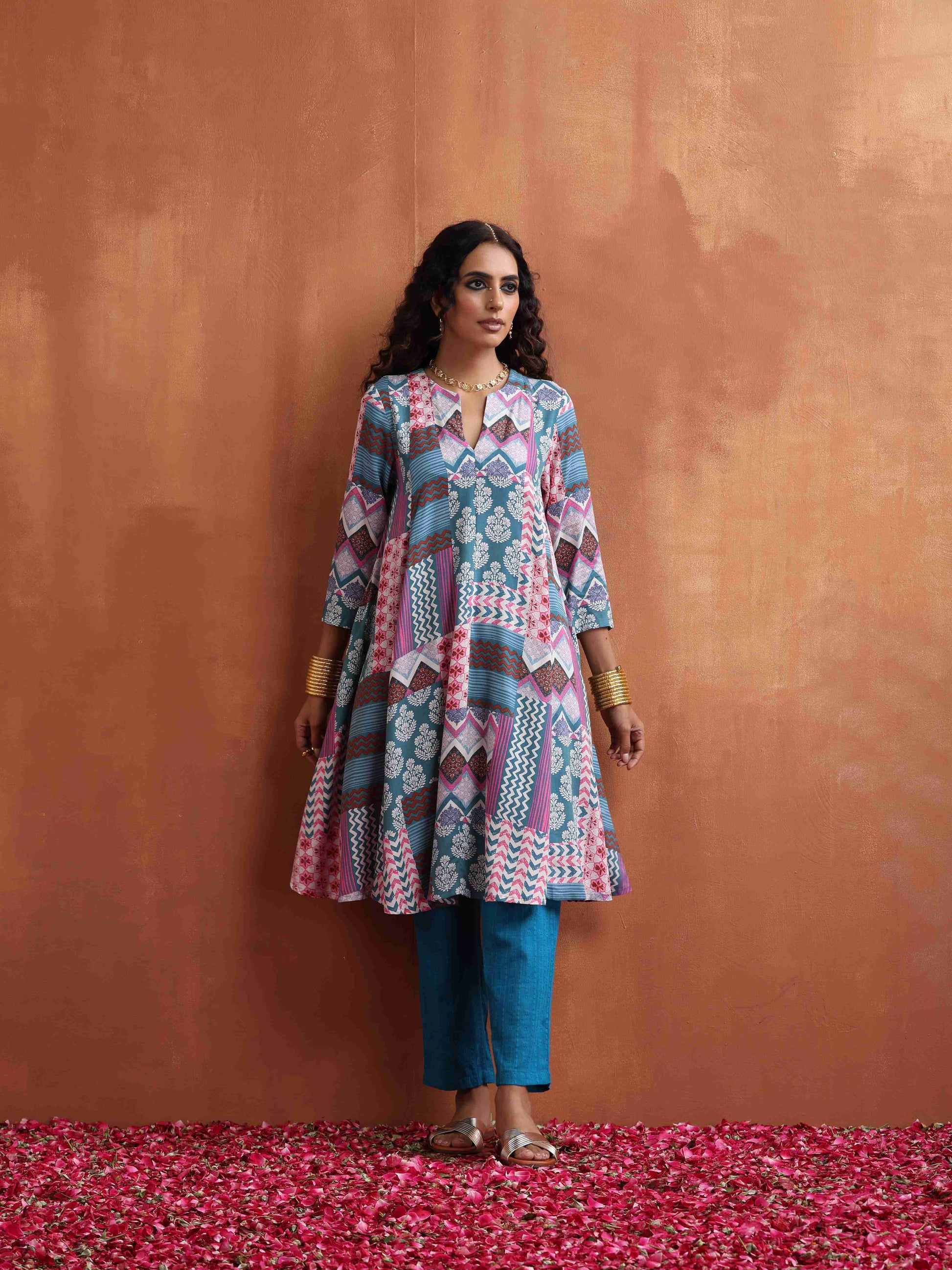 trueBrowns Blue Print Flared Anarkali Kurta Co-ord Set - Swadesiicart