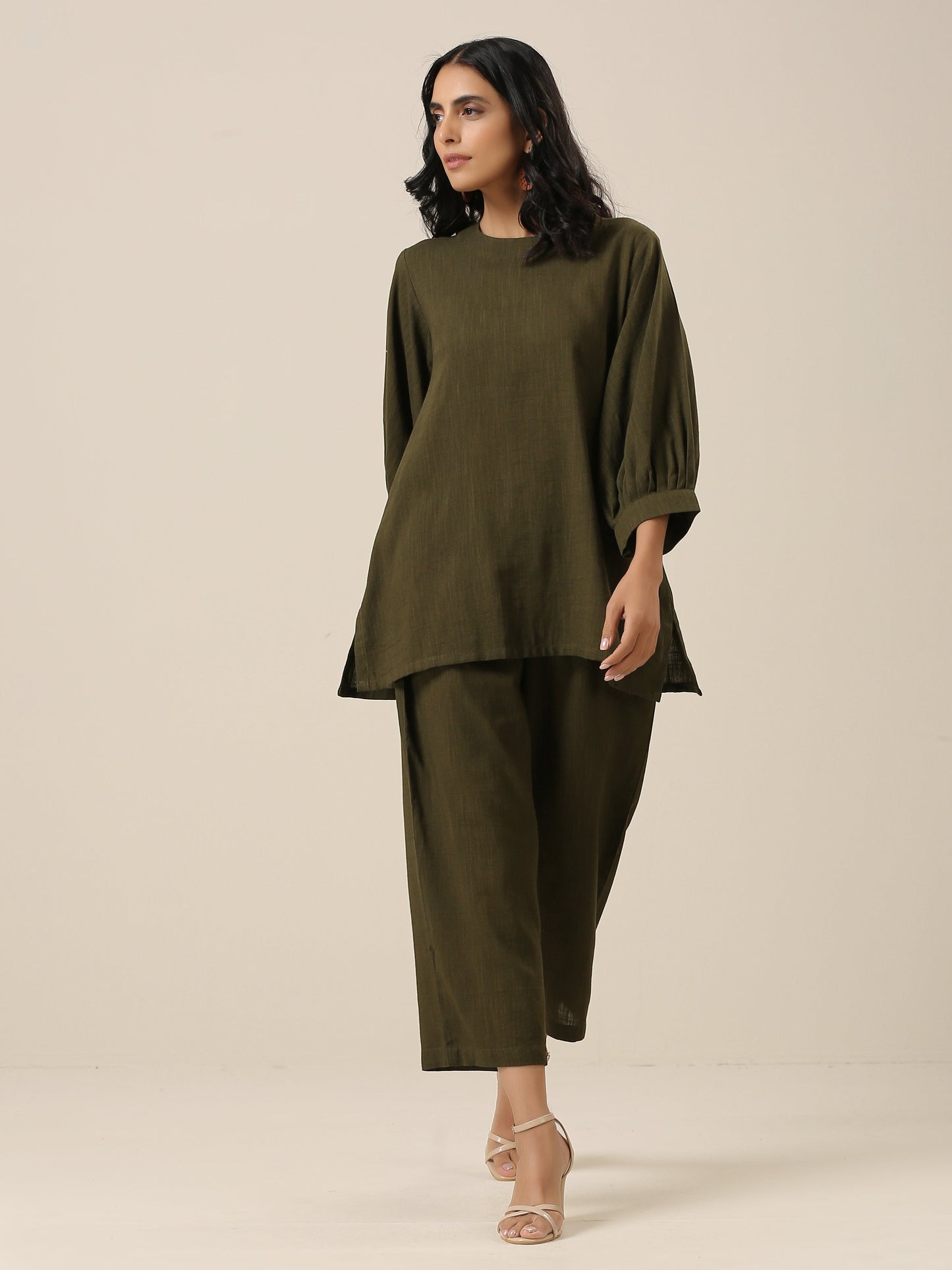 trueBrowns Olive Green Slub Texture Baggy Sleeve Co-Ord Set - Swadesiicart