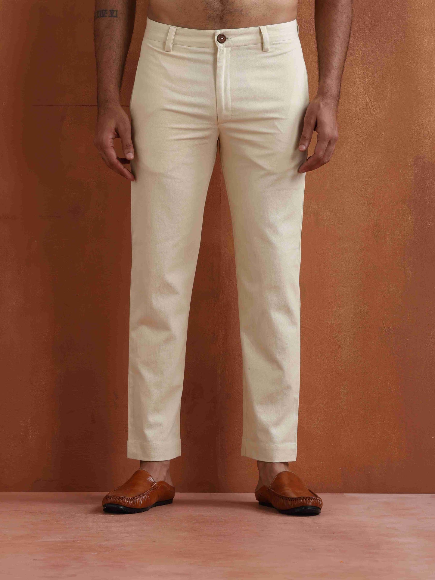 trueBrowns Men's Off White Cotton Twill Pants | Swadesiicart