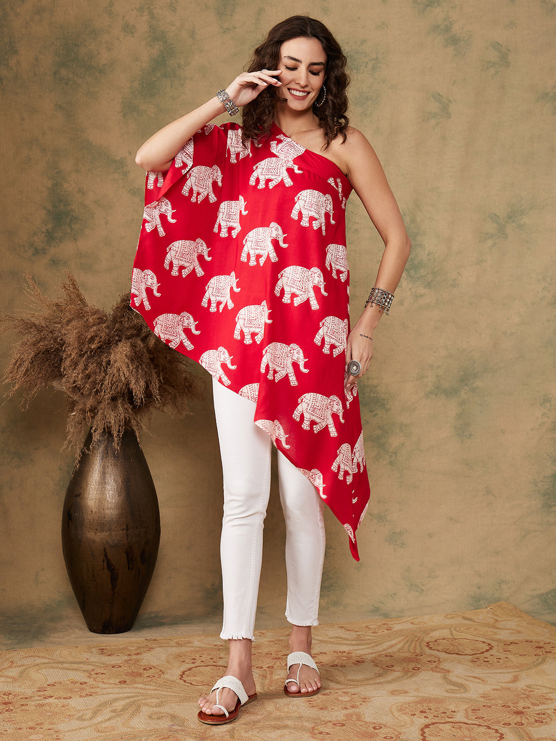 InWeave Women's Red Elephant Print Oneshoulder Top - Swadesiicart