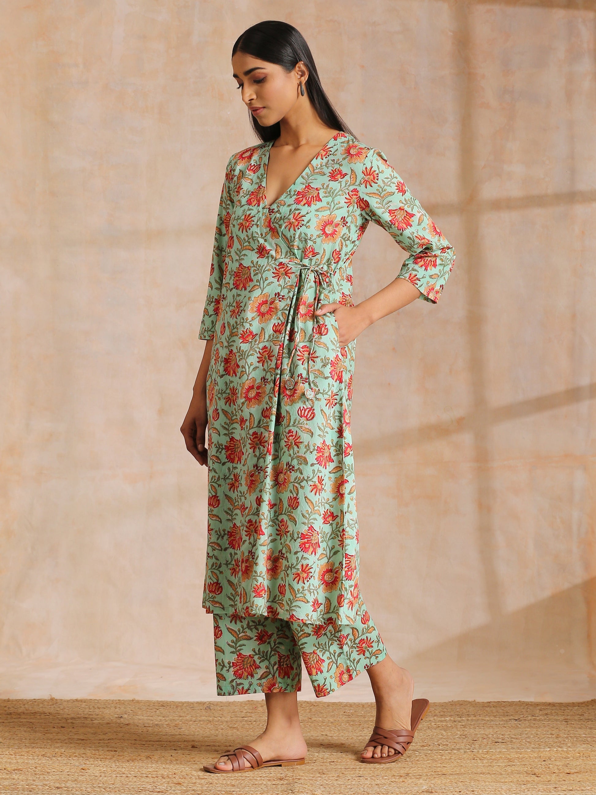 trueBrowns Seafoam Green Overall Floral Block Print Cotton Angrakha Pant Set | Swadesiicart