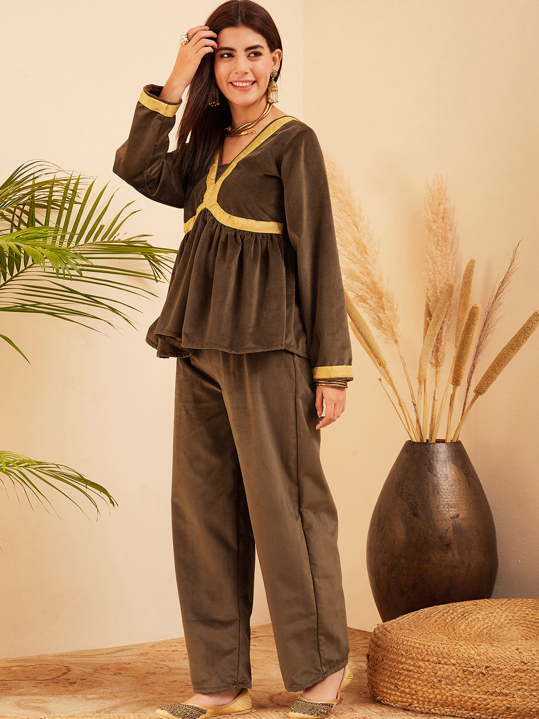 InWeave Women's Brown Mughal Shaan Style Velvet Short Kurta Set - Swadesiicart