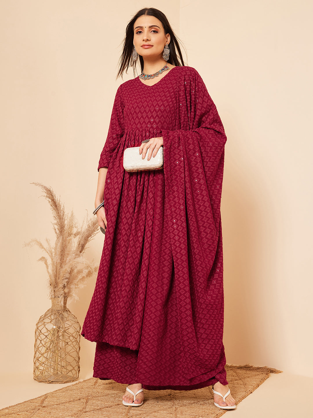 InWeave Women's Maroon Chikankari Long Anarkali Kurta Palazzo Set W Dupatta - Swadesiicart