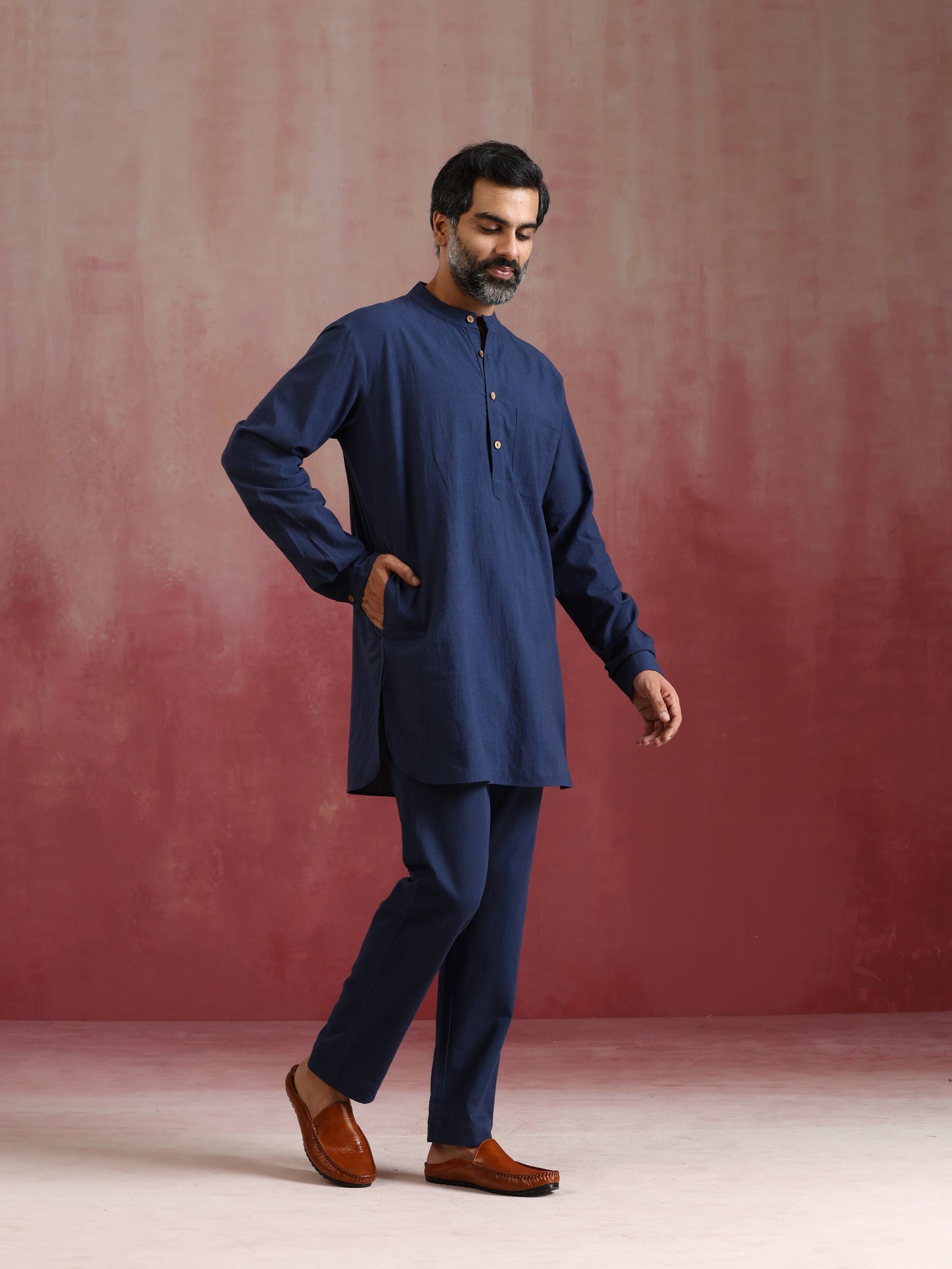 trueBrowns Men's Navy Cotton Mandarin Collar Kurta Co-ord set - Swadesiicart