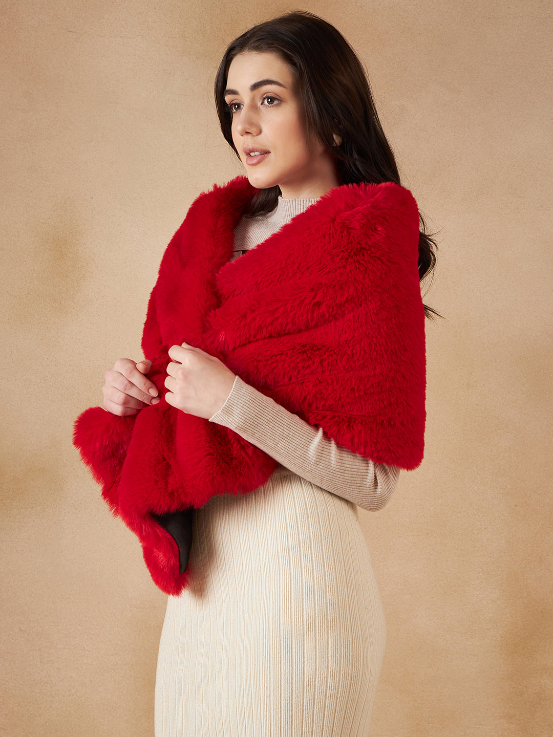 InWeave Women's Cherry Red Long Faux Fur Cape - Swadesiicart