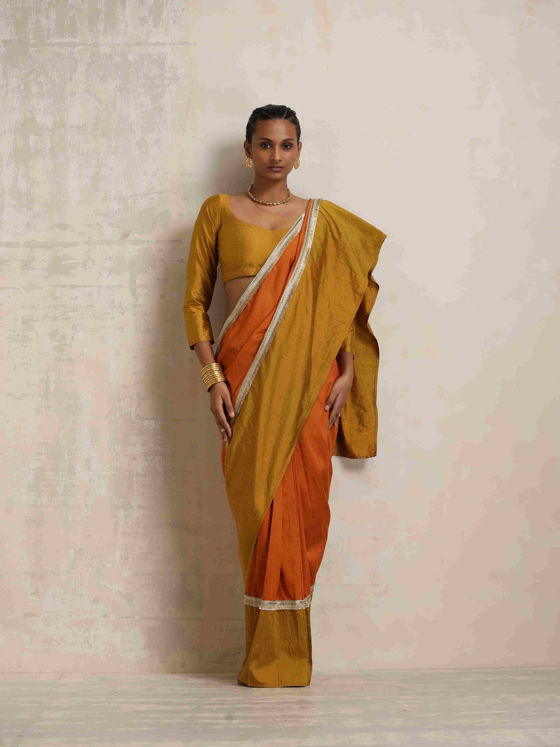 trueBrowns Orange Silk Ready To Wear Saree | Swadesiicart