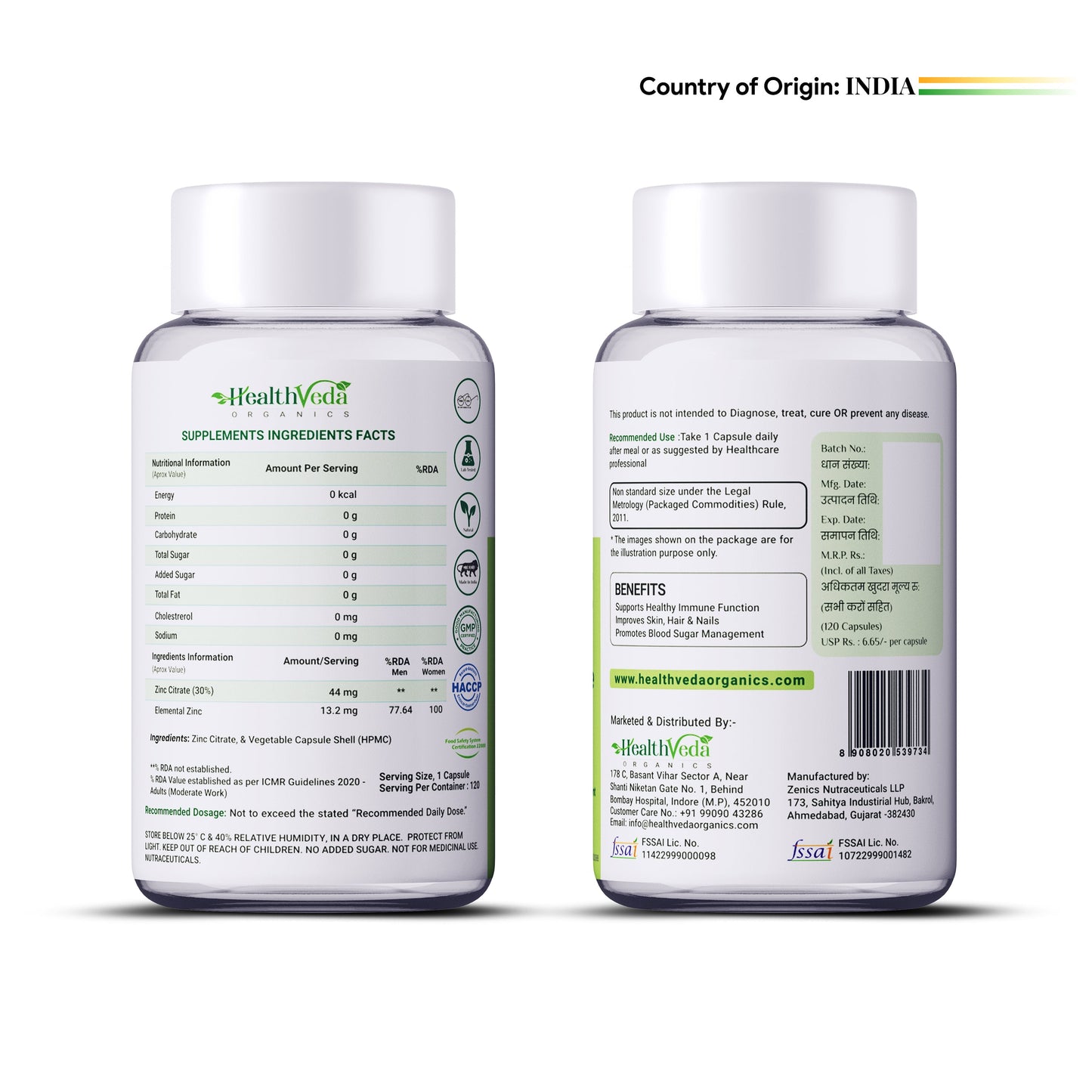 Health Veda Organics Zinc Citrate Veg Capsules - Swadesiicart