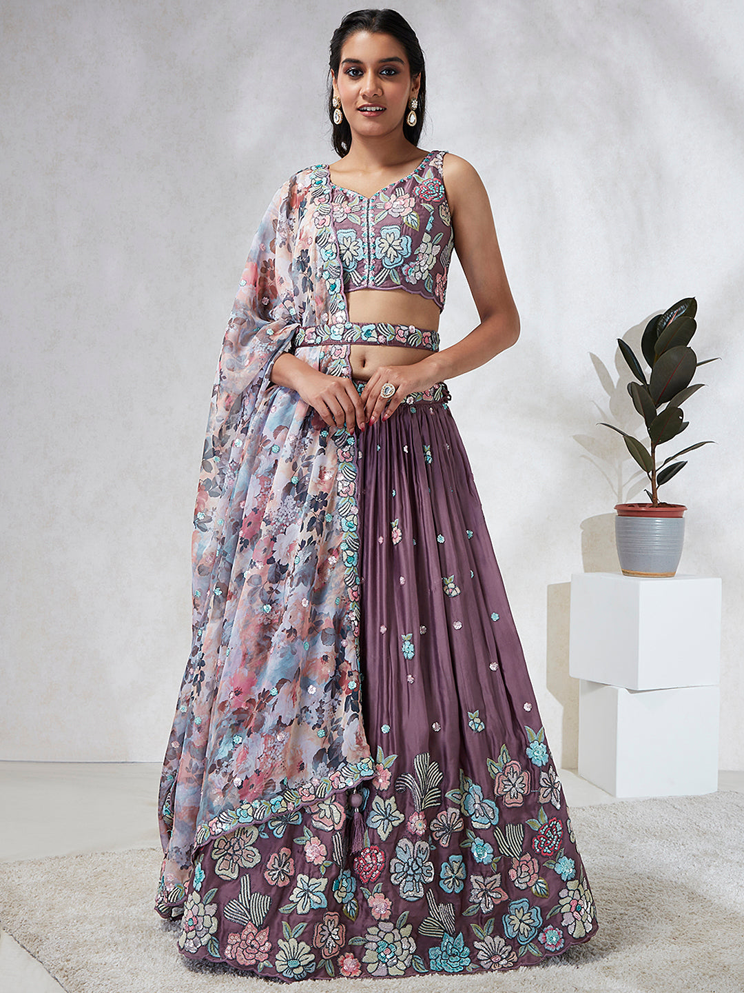House of Panchhi Lavender Georgette Sequins And Thread Embroidery Lehenga Choli & Dupatta | Swadesiicart