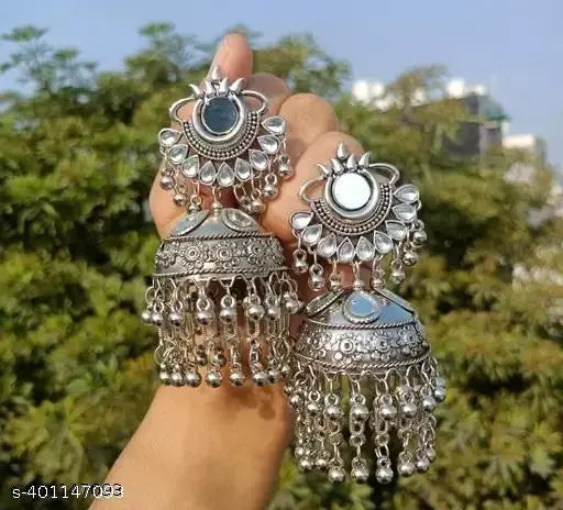 Tehzeeb Creations Women's Silver Colour Oxidised Earrings With Kundan And Mirror Work | Swadesiicart