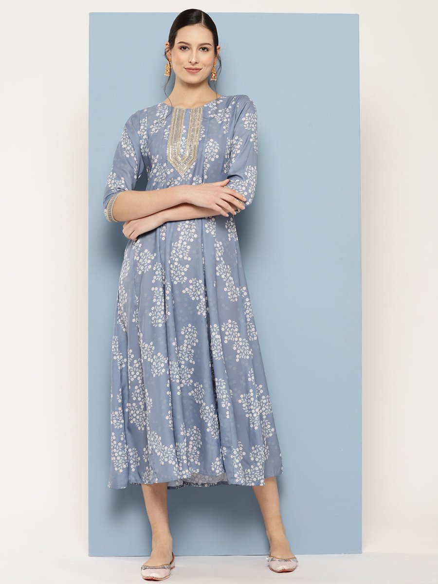 Ahalyaa Floral Printed Midi A-Line Ethnic Dress | Swadesiicart