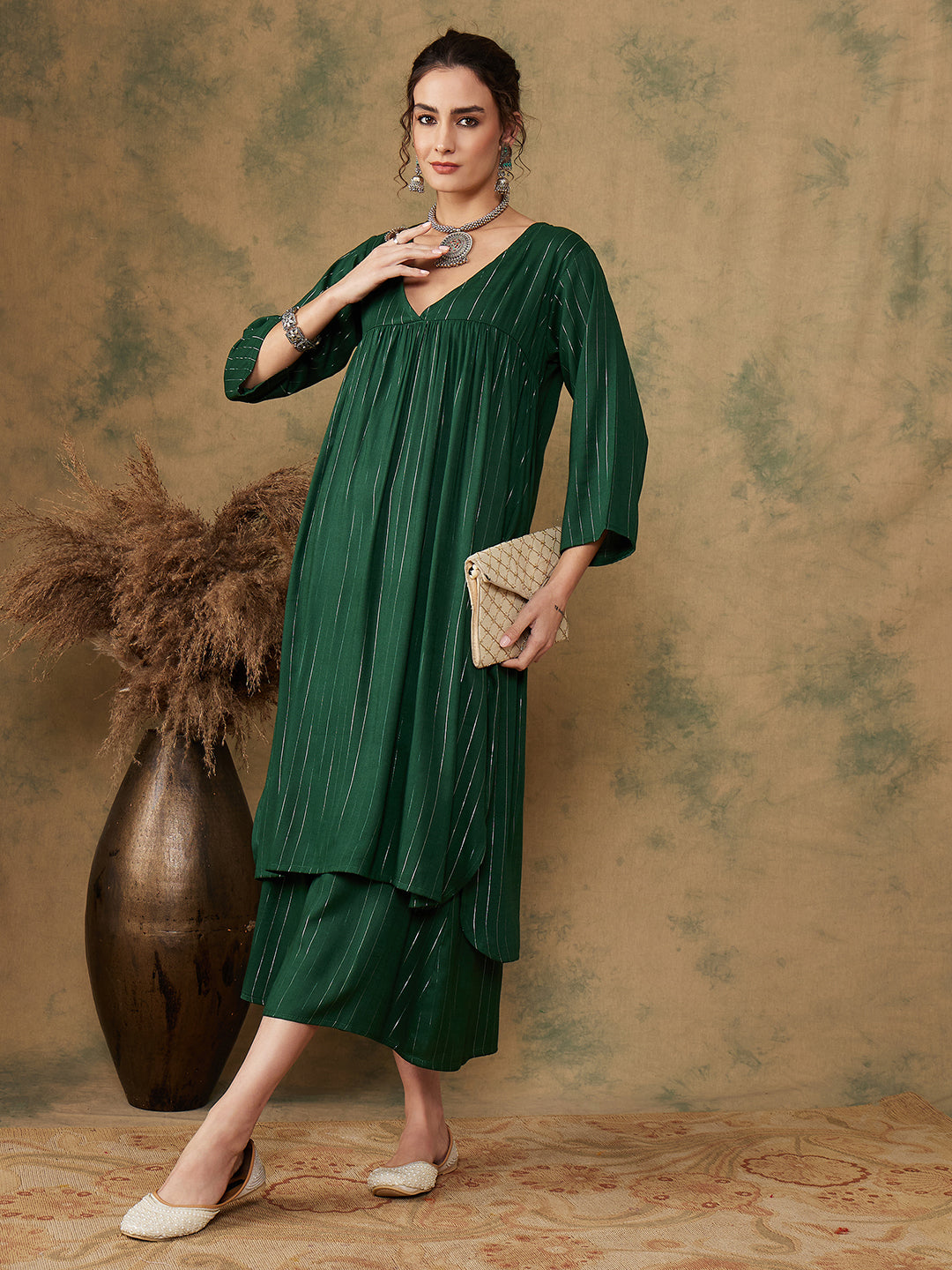 InWeave Women's Pine Green Lurex Flared V Neck Kurta Palazzo Set - Swadesiicart