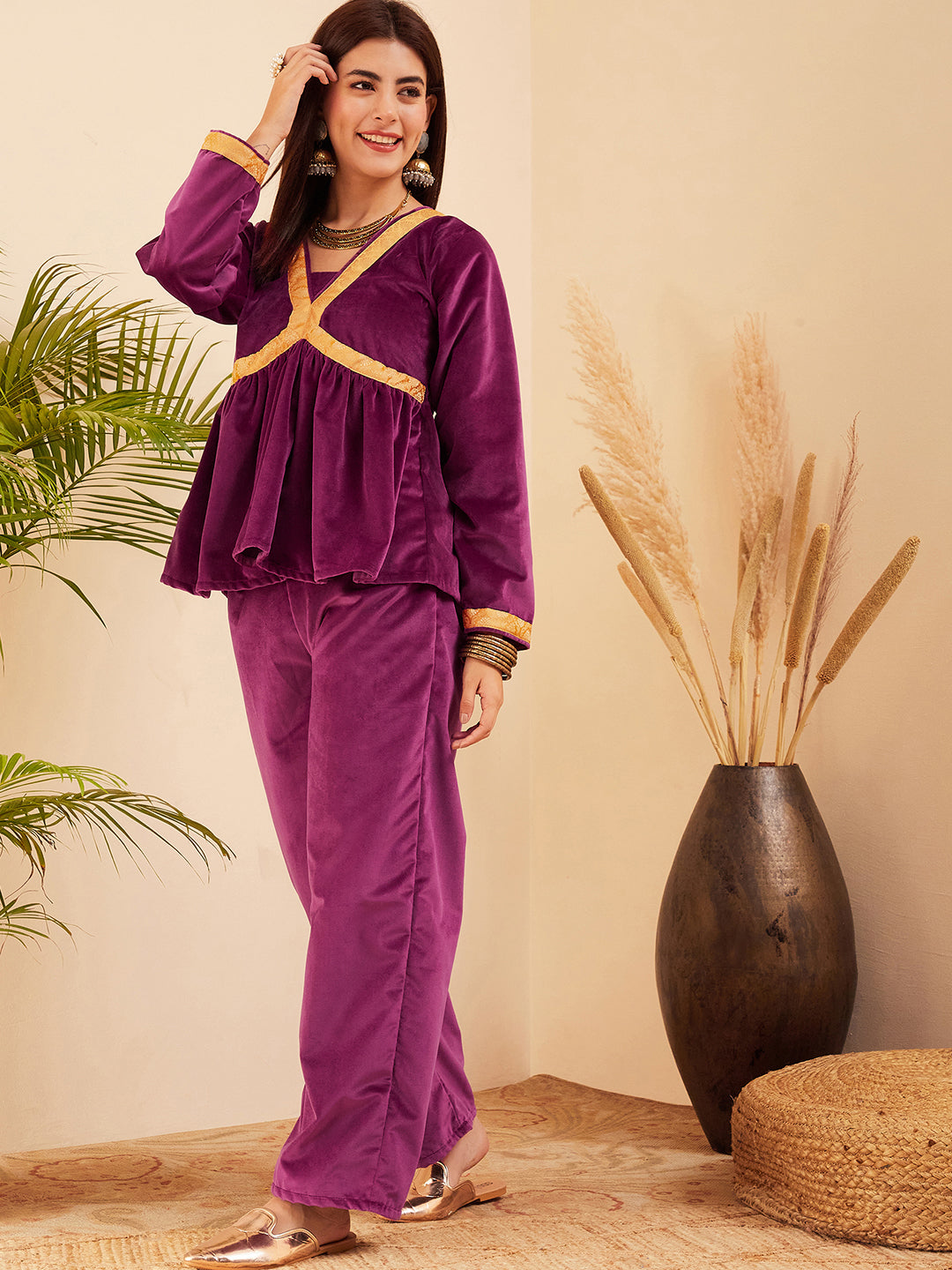 InWeave Women's Wine Mughal Shaan Style Velvet Short Kurta Set - Swadesiicart