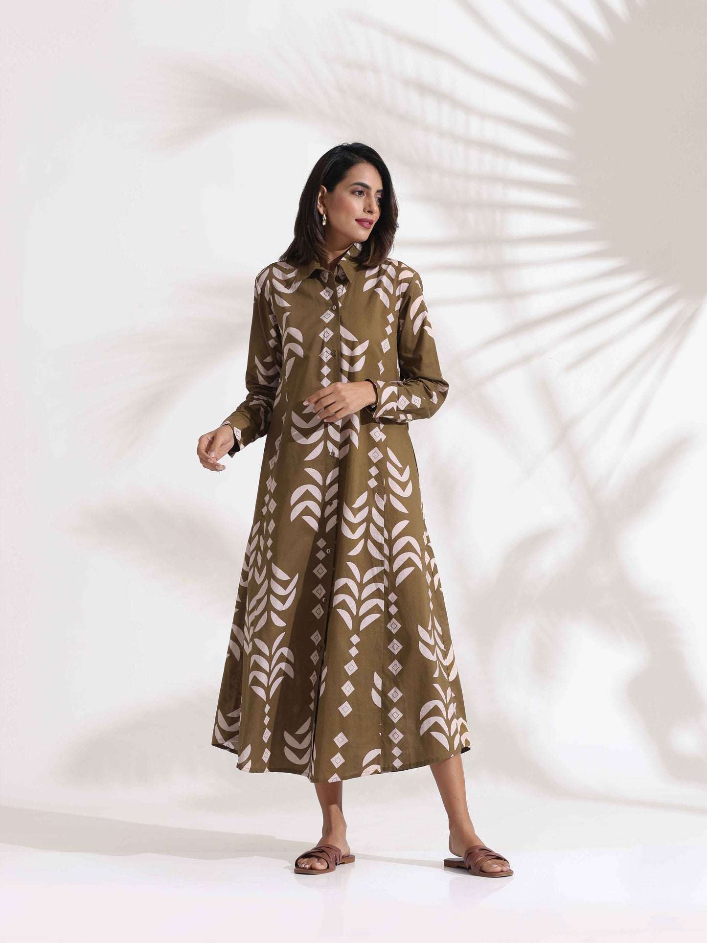 trueBrowns Olive Green Cotton Print Shirt Dress | Swadesiicart