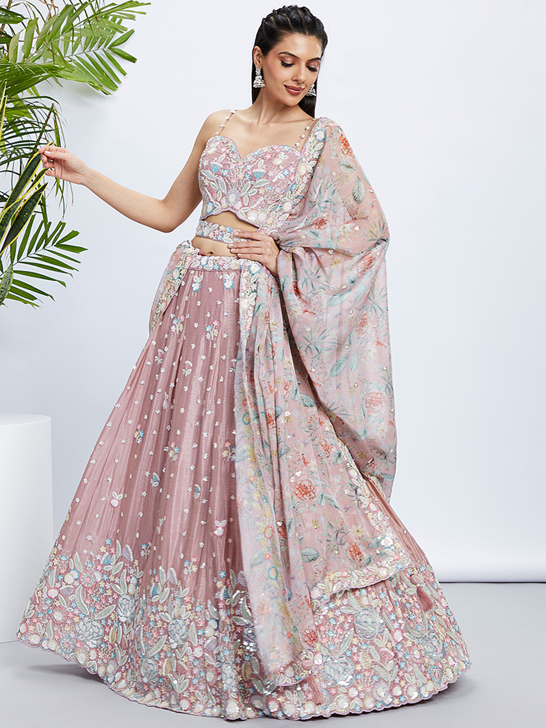House of Panchhi Green Chiffon Position Print With Sequins Embroidery Lehenga Choli & Dupatta | Swadesiicart