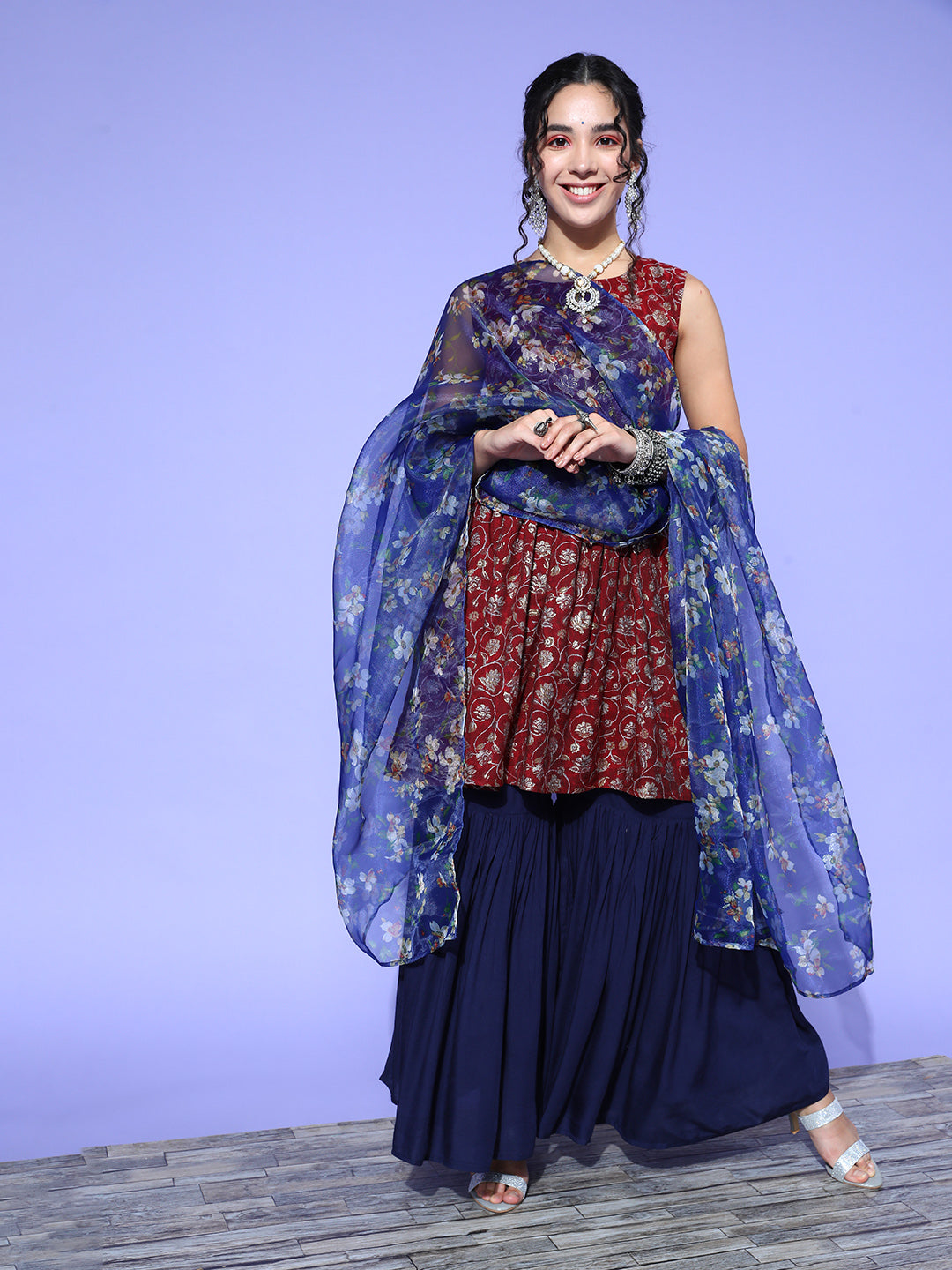 InWeave Women's Burgundy Printed Kurta Sharara Set With Blue Organza Dupatta - Swadesiicart
