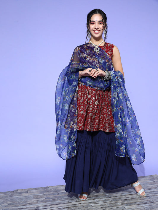 InWeave Women's Burgundy Printed Kurta Sharara Set With Blue Organza Dupatta - Swadesiicart