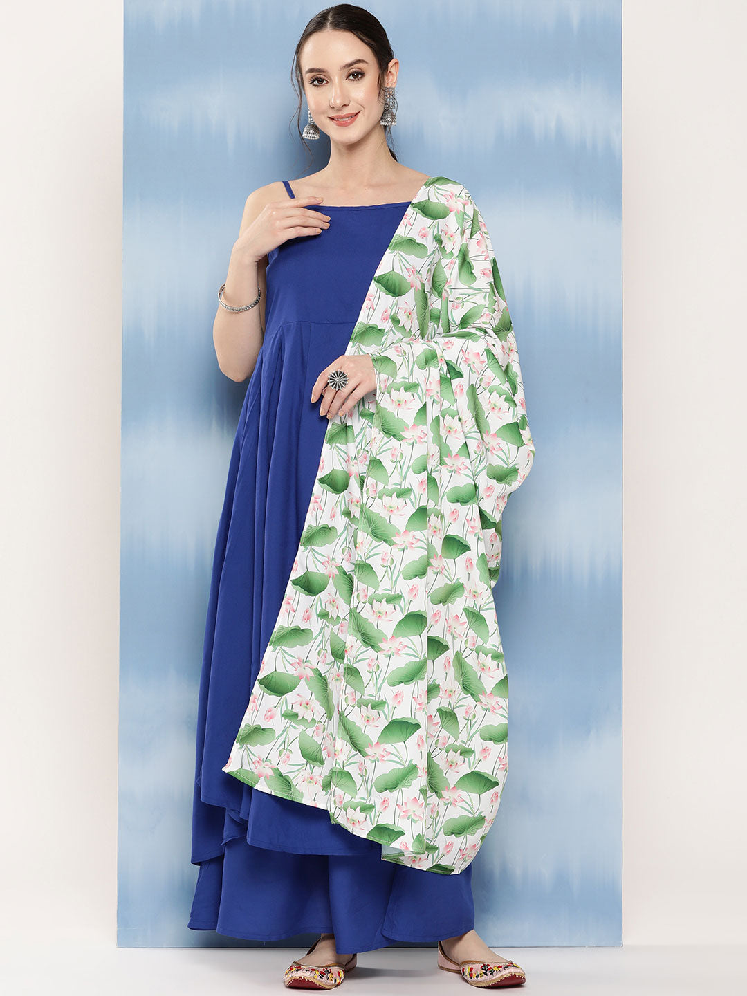 InWeave Women's Ink Blue Strappy Set W White Pink Lotus Cr Duptta - Swadesiicart