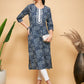 InWeave Women's Ankola Indigo With Tiles Hand Block Print Lace Straight Kurta - Swadesiicart