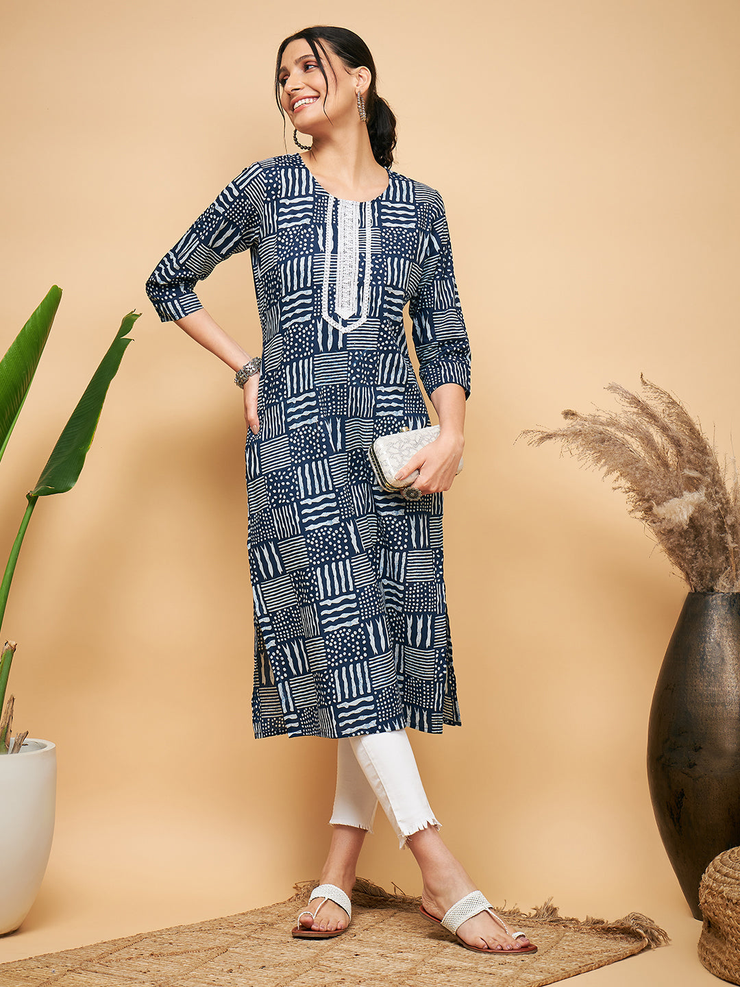 InWeave Women's Ankola Indigo With Tiles Hand Block Print Lace Straight Kurta - Swadesiicart