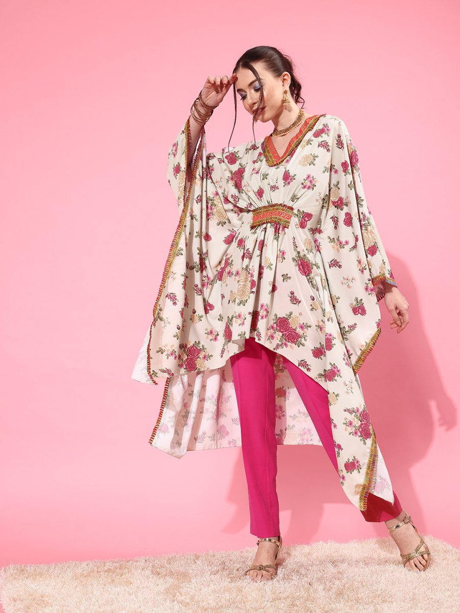 Ahalyaa Women Floral Printed Flared Sleeves Thread Work Crepe Kaftan Kurta | Swadesiicart