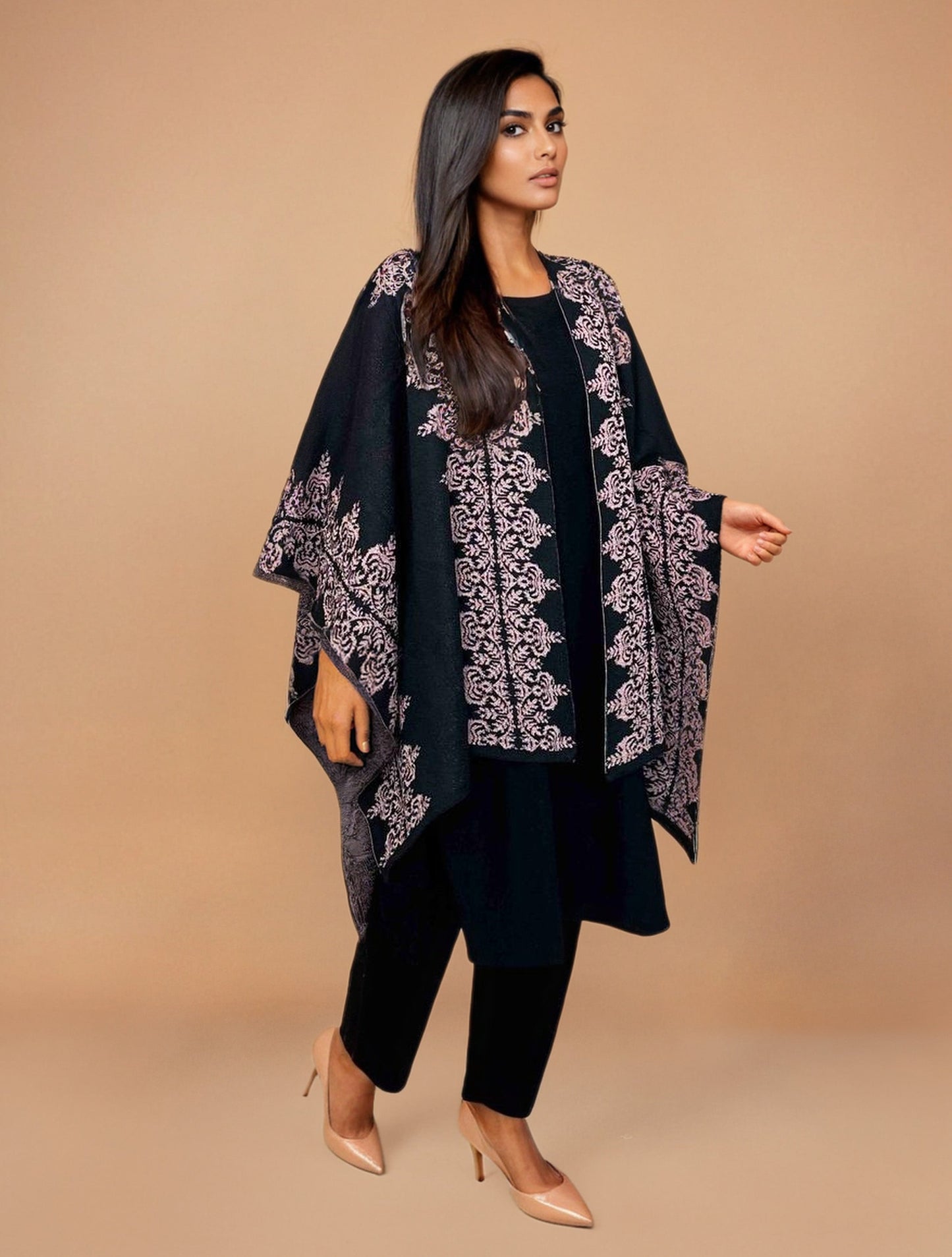 trueBrowns Black Woollen Pink Jacquard Kaftan Cape | Swadesiicart