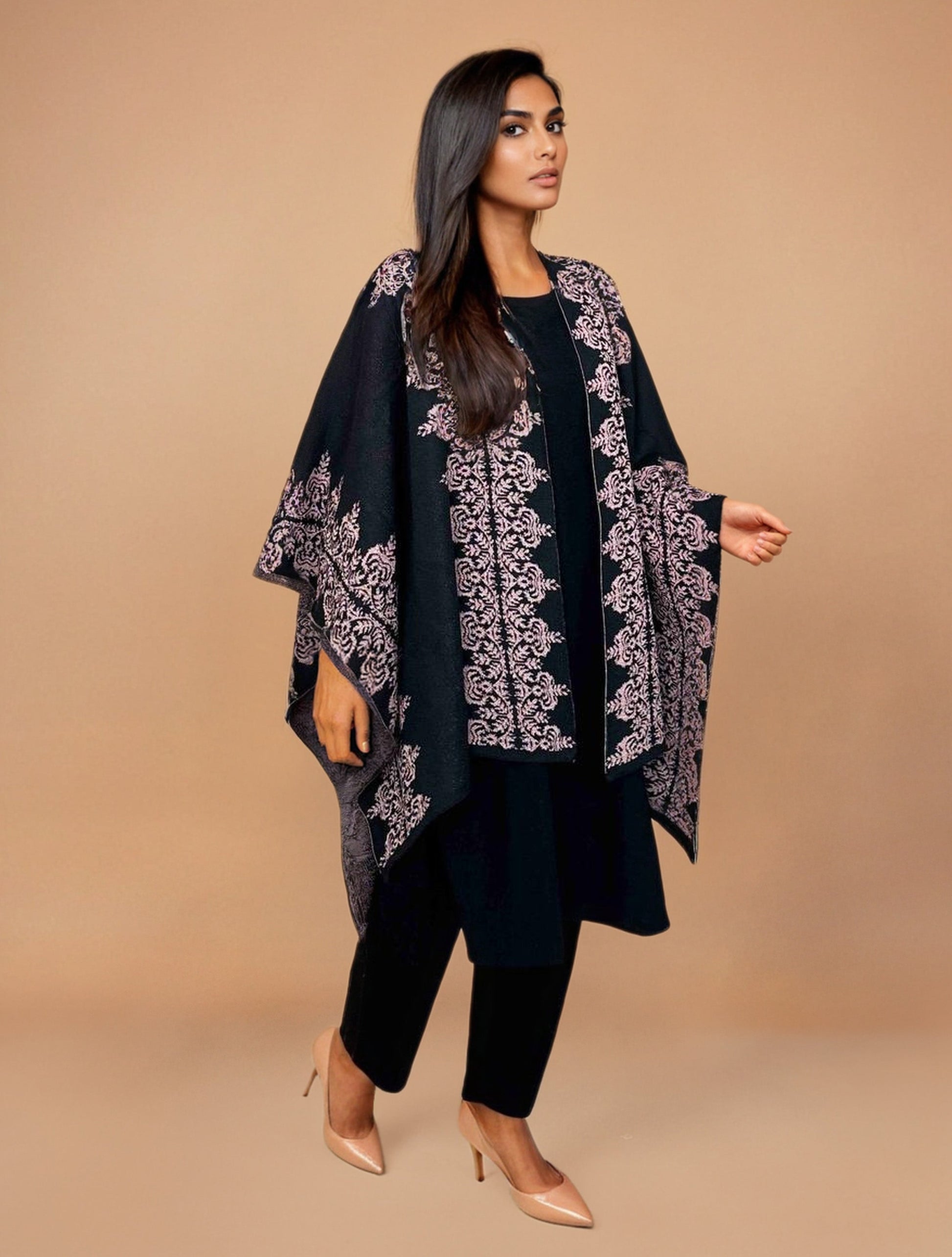 trueBrowns Black Woollen Pink Jacquard Kaftan Cape | Swadesiicart