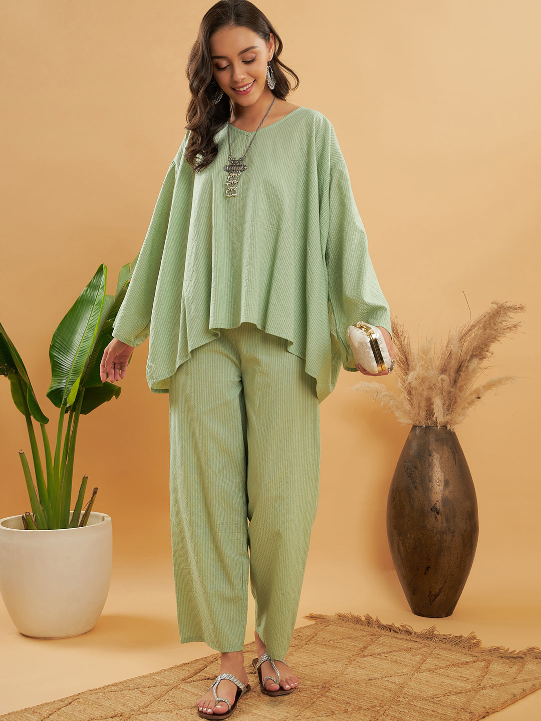 InWeave Women's Sage Green Kantha Boho Full Sleeve Coord Set - Swadesiicart