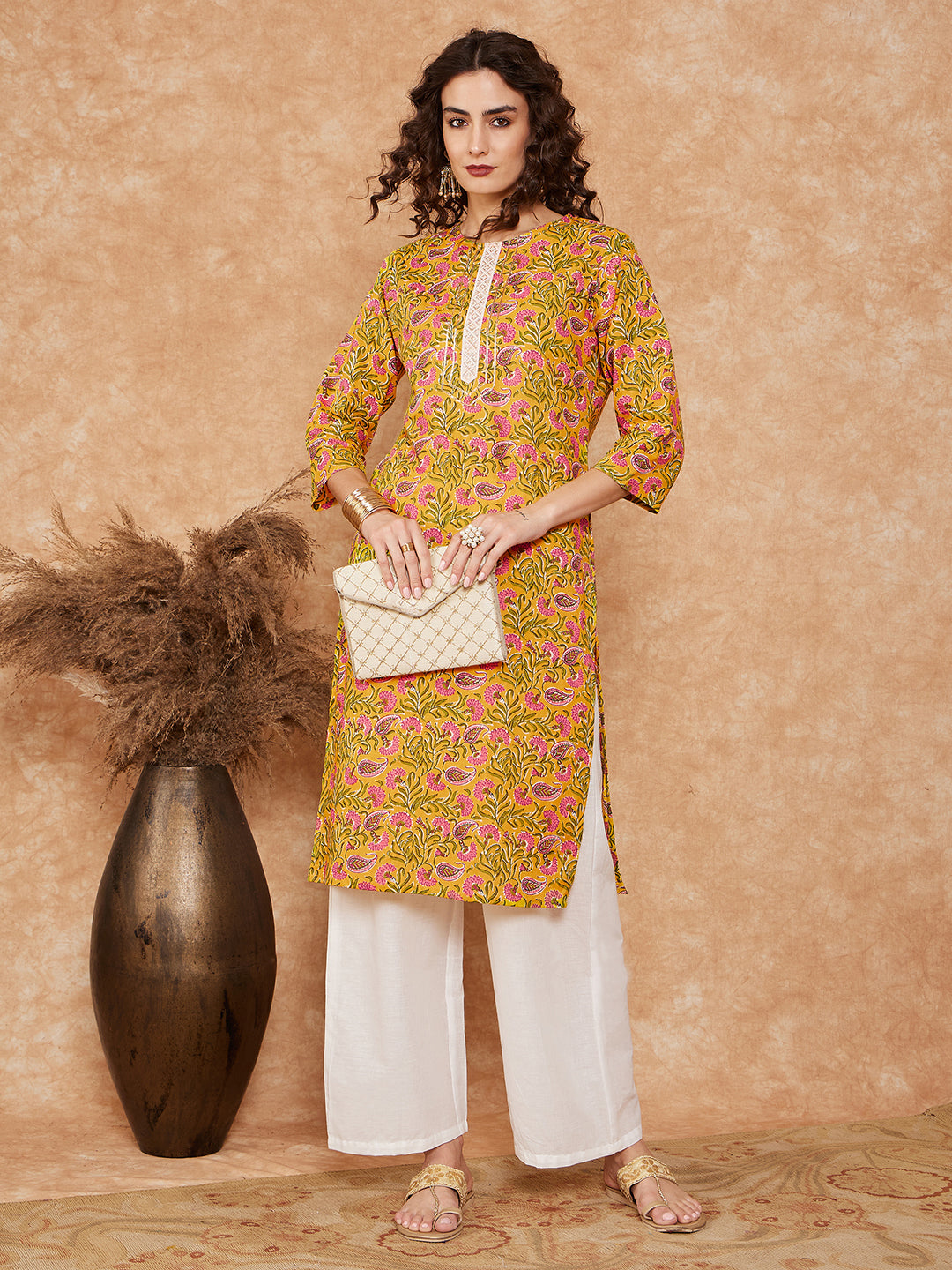 InWeave Women's Mustard Green Lace Gota Work Straight Kurta - Swadesiicart