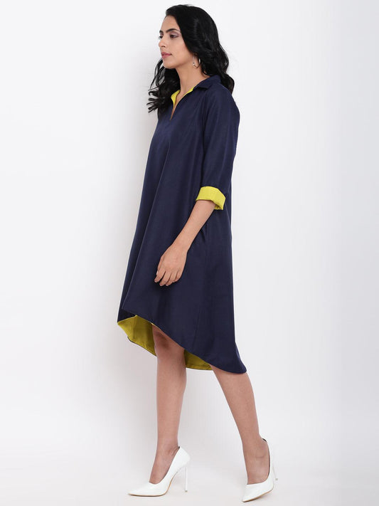trueBrowns Linen Cotton Blue Collared Dress | Swadesiicart