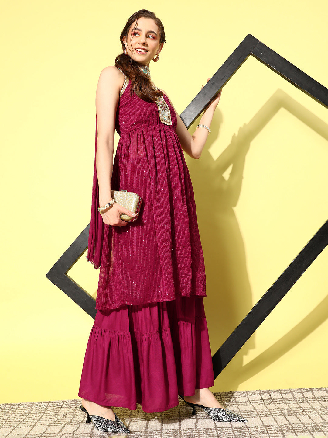 InWeave Women's Maroon Gota Insert Neckline Sharara Set - Swadesiicart