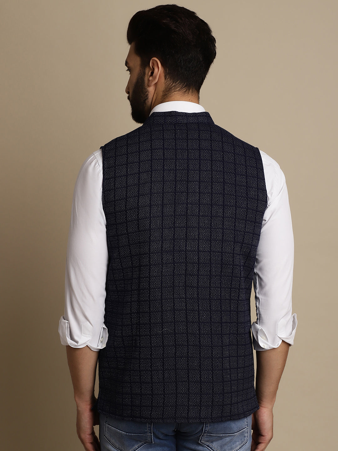 Even Apparels Men's Blue Mandarin Collar Waistcoat | Swadesiicart