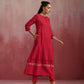 trueBrowns Red Cotton Dobby Flared Kurta Set | Swadesiicart
