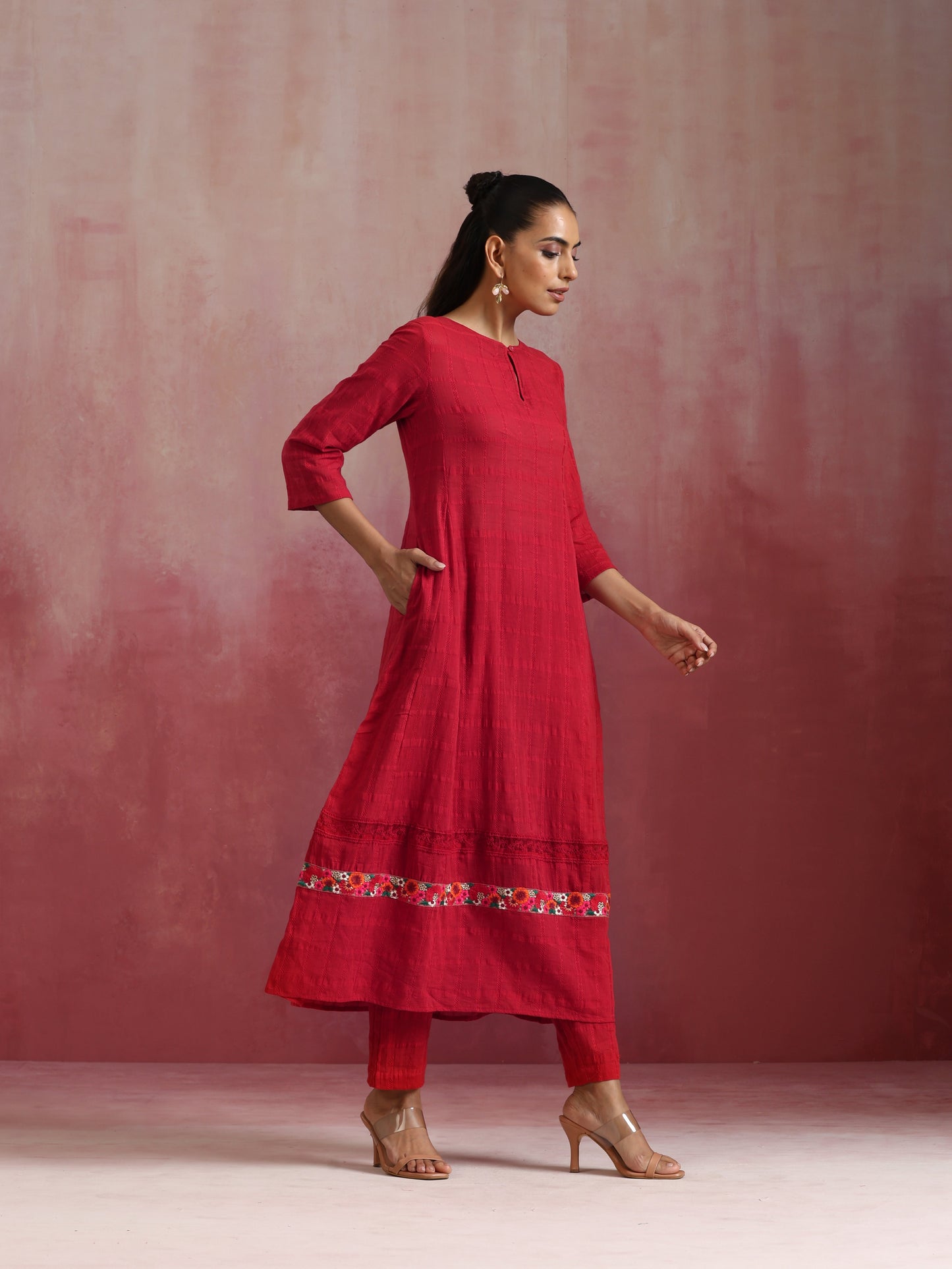 trueBrowns Red Cotton Dobby Flared Kurta Set | Swadesiicart
