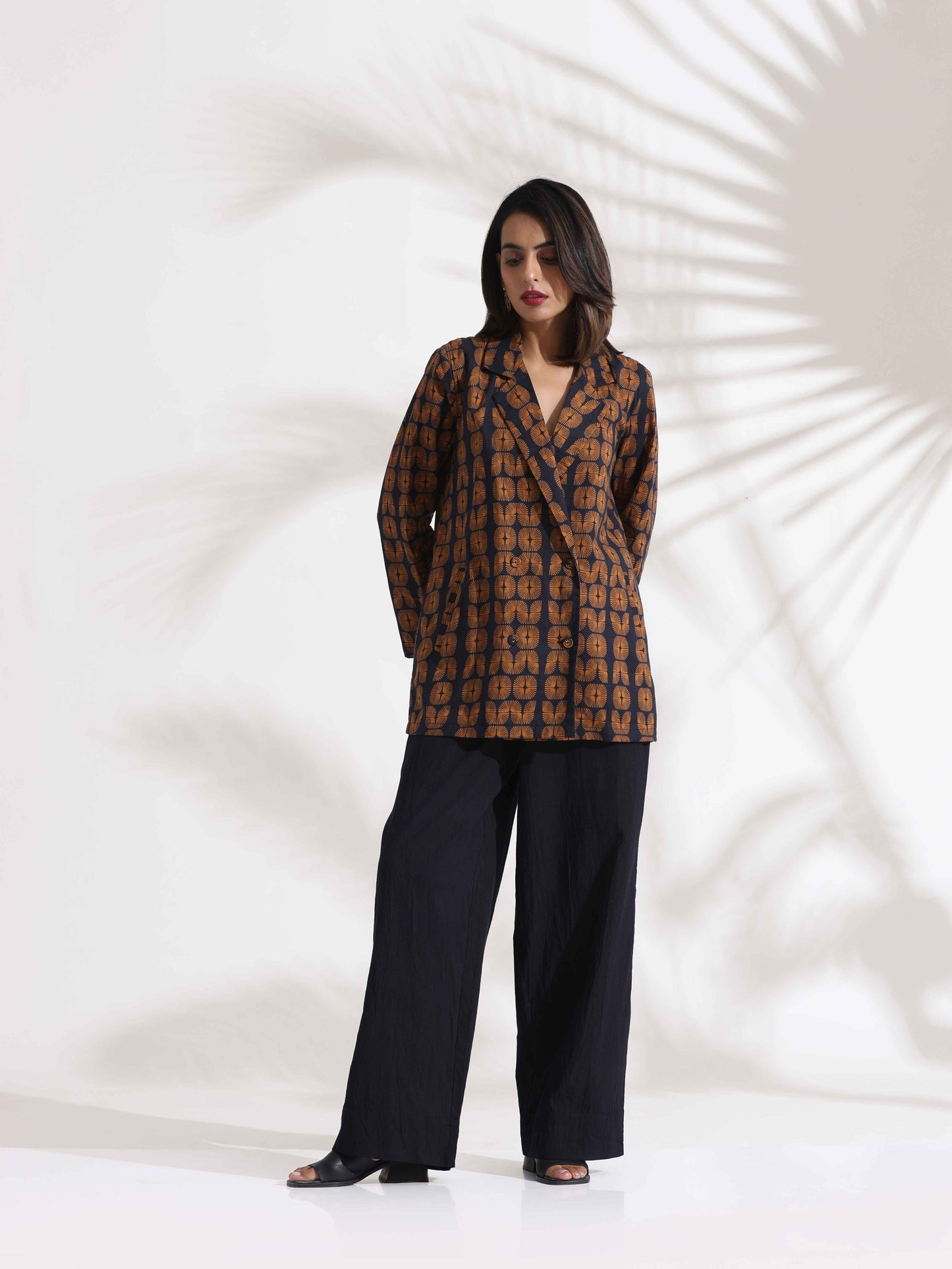 trueBrowns Black Cotton Print Jacket Top Co-ord Set - Swadesiicart