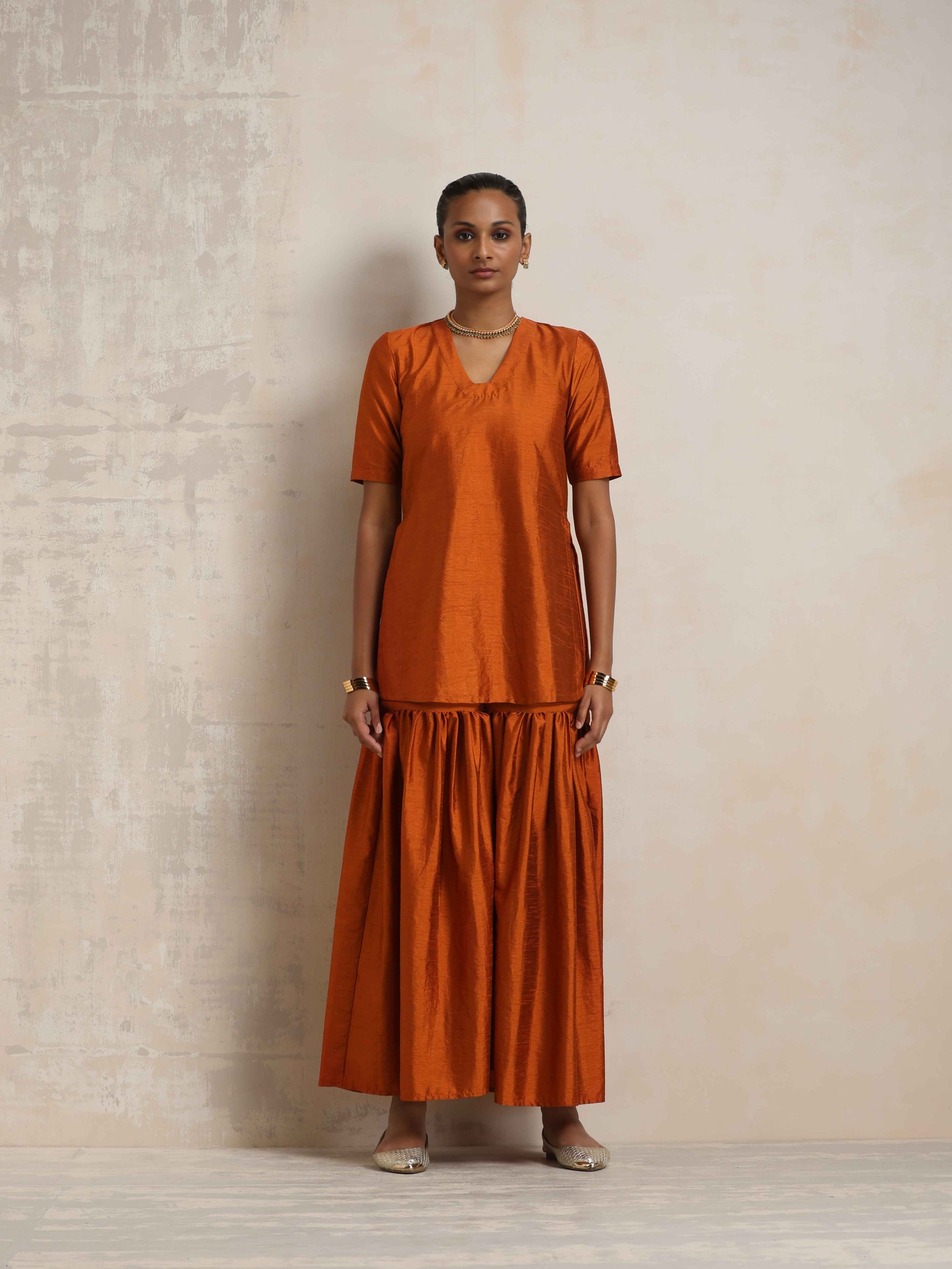 trueBrowns Orange Silk Sharara Dupatta Set | Swadesiicart