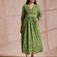trueBrowns Lime Green Overall Blue Floral Block Print Cotton Wrap Dress | Swadesiicart
