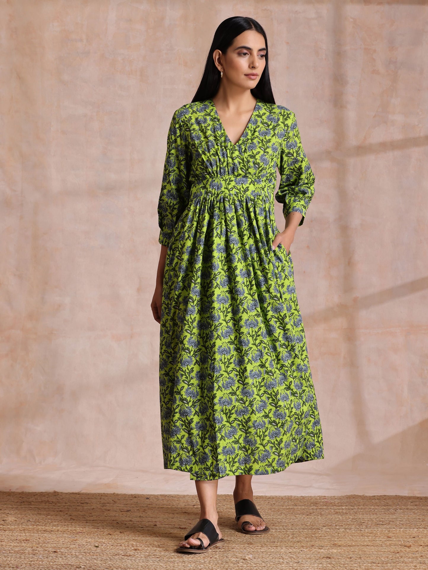 trueBrowns Lime Green Overall Blue Floral Block Print Cotton Wrap Dress | Swadesiicart