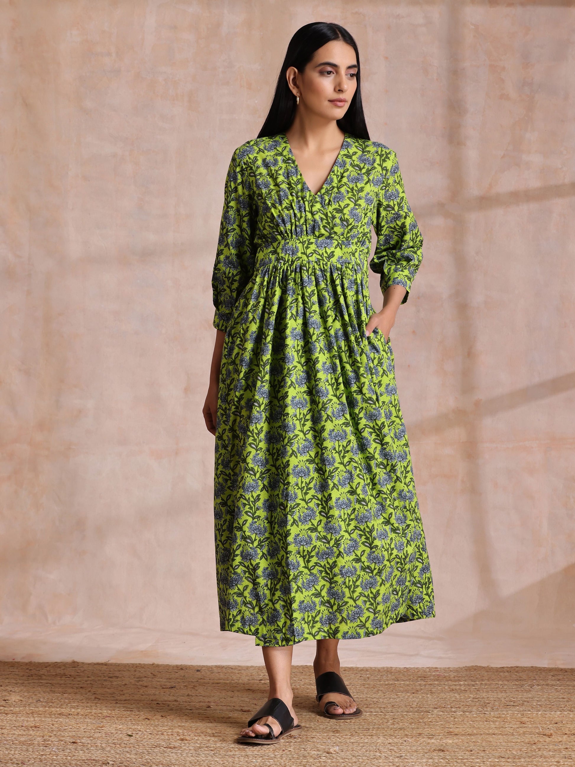trueBrowns Lime Green Overall Blue Floral Block Print Cotton Wrap Dress | Swadesiicart
