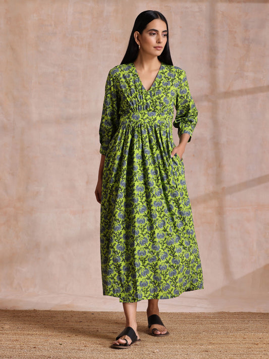 trueBrowns Lime Green Overall Blue Floral Block Print Cotton Wrap Dress | Swadesiicart