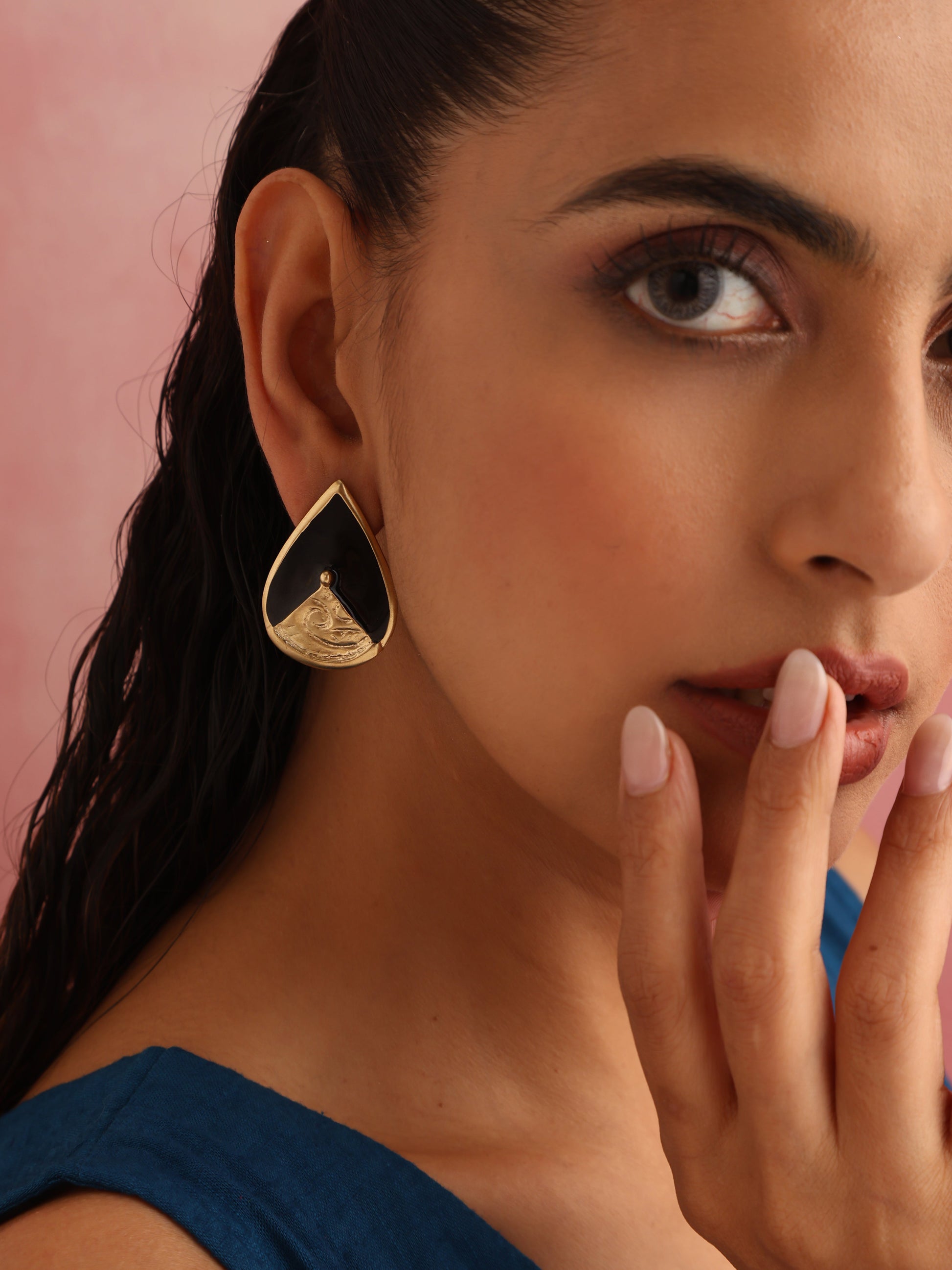 trueBrowns Brass Black Stone Drop Stud Earrings - Swadesiicart